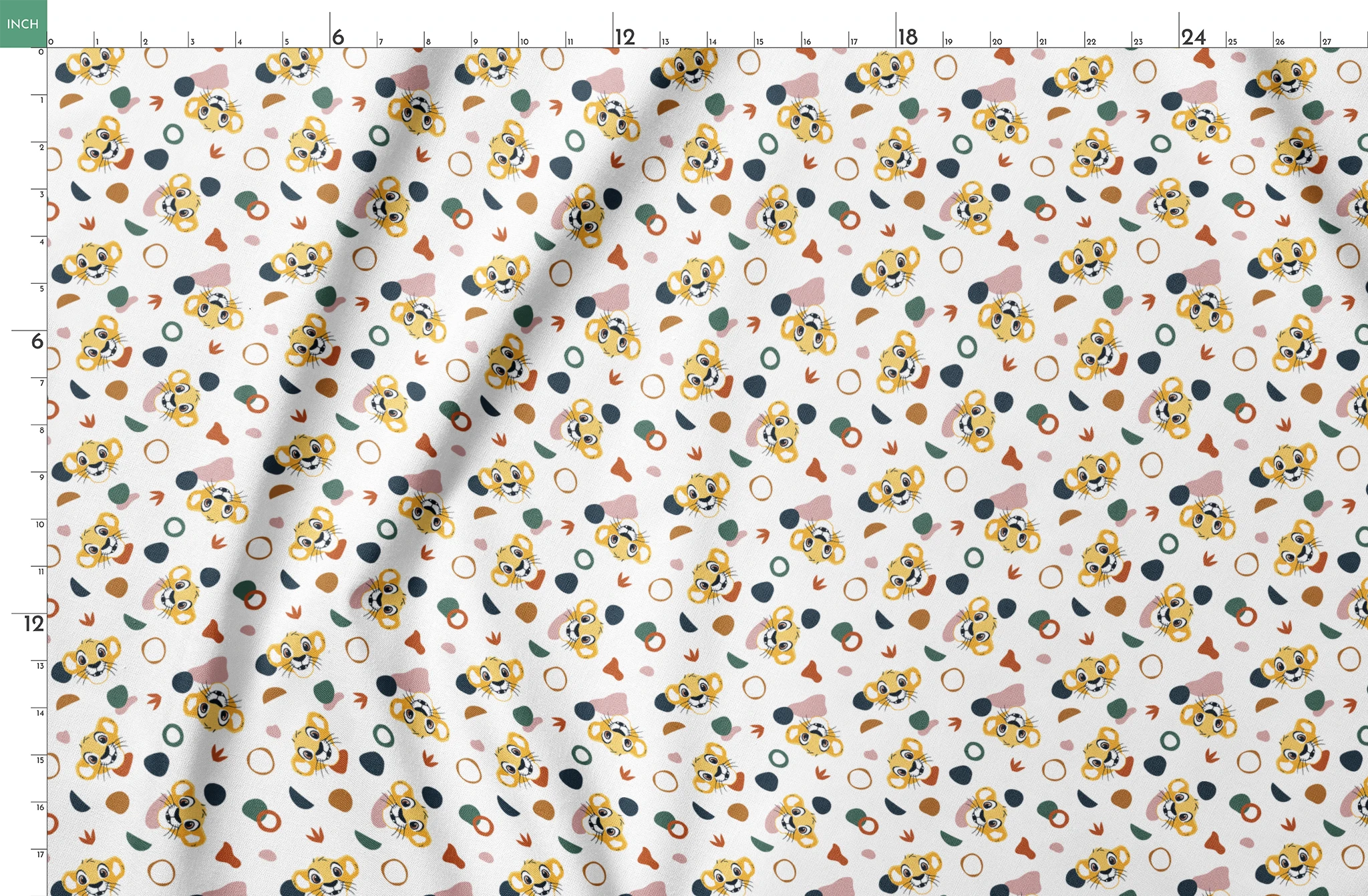 Cute Lion King characters with colorful abstract shapes in pink, teal, brown, and navy on white springs fatquarter mockup