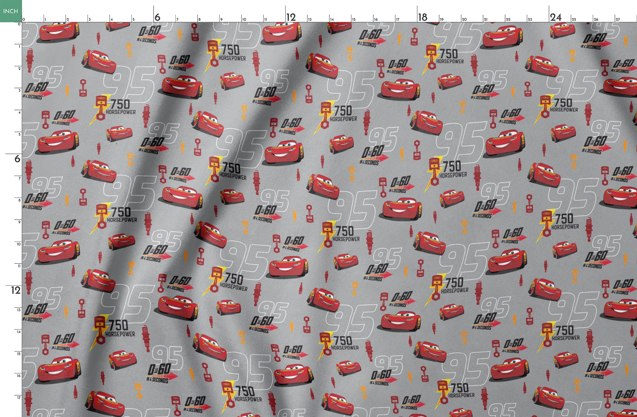 Red race cars with number 95 on gray background with racing graphics and "750 horsepower" text springs fatquarter mockup