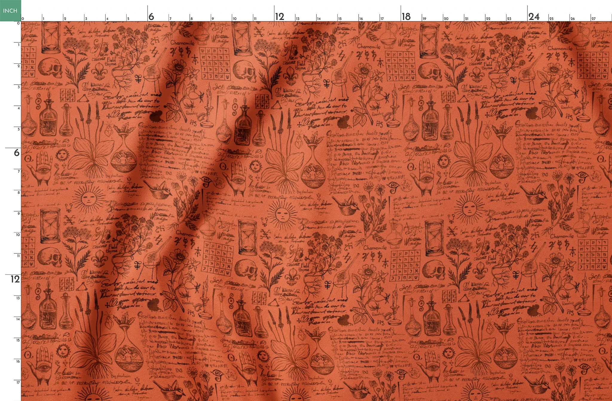 Red-orange Halloween background with vintage alchemical drawings, botanical sketches, symbols, handwritten notes, and mystical elements arranged like an ancient manuscript page. springs fatquarter mockup