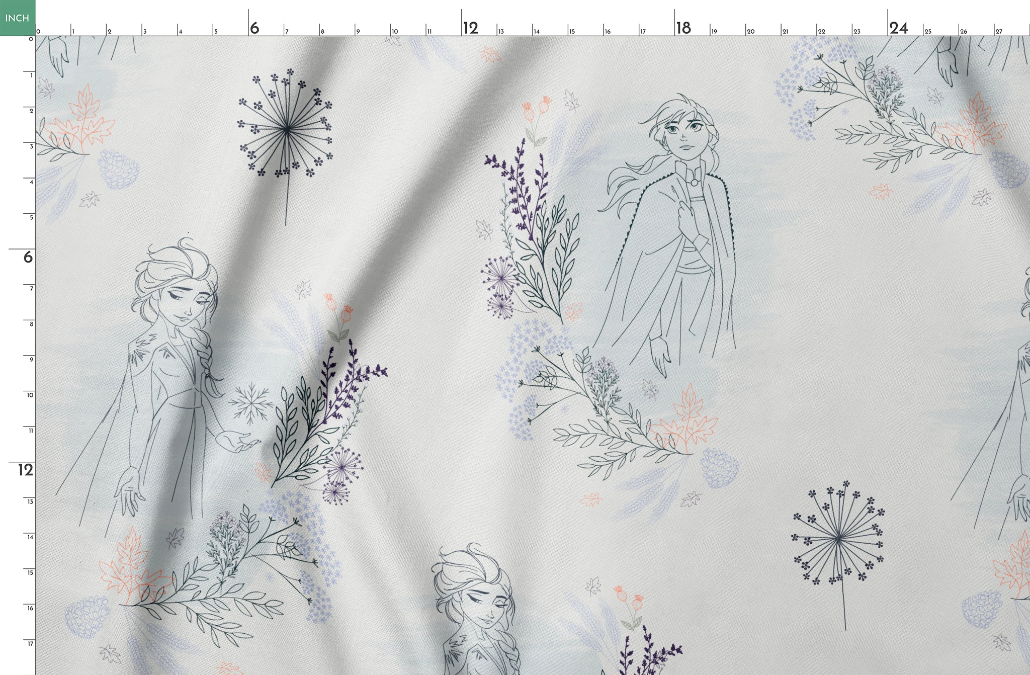 Delicate blue pattern featuring Frozen's Elsa and Anna surrounded by floral elements and dandelions on a light background springs fatquarter mockup