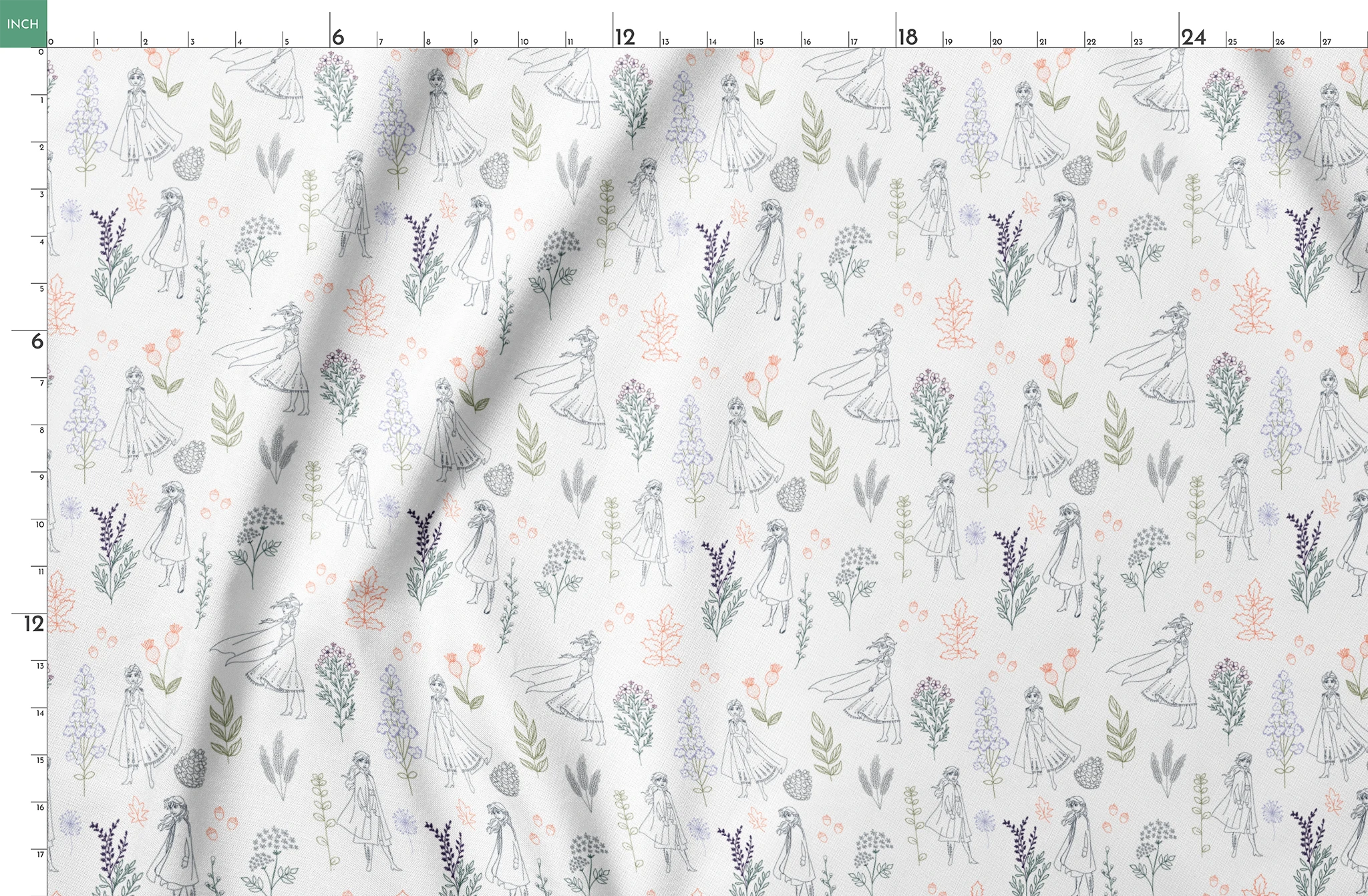 Delicate line drawing pattern of Elsa and Anna among botanical illustrations and flowers in soft colors springs fatquarter mockup