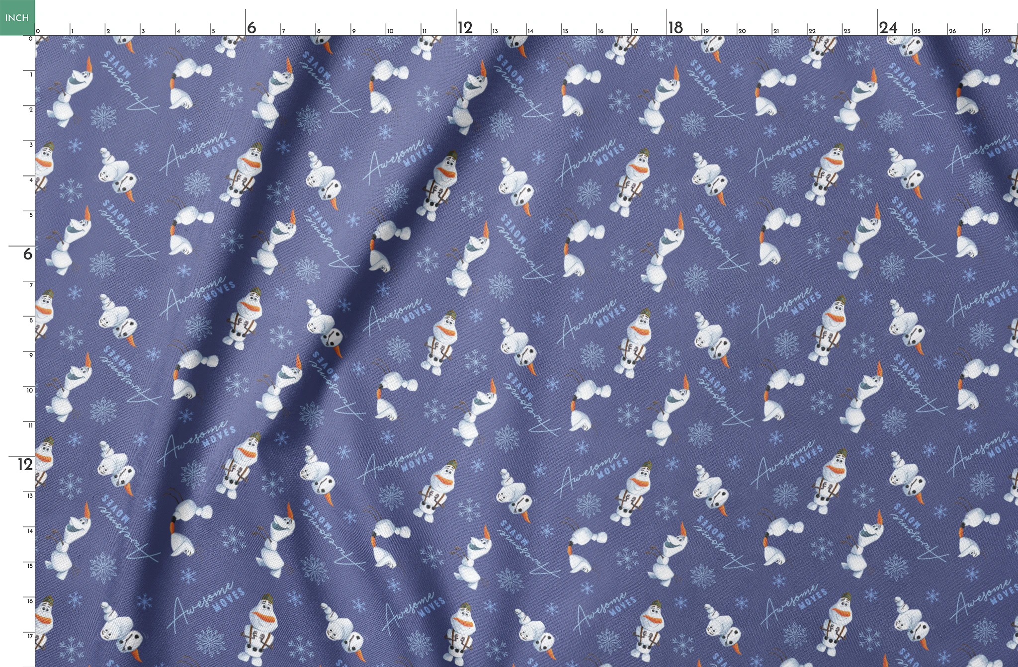 Playful Olaf the snowman pattern with snowflakes on purple background showing various poses springs fatquarter mockup