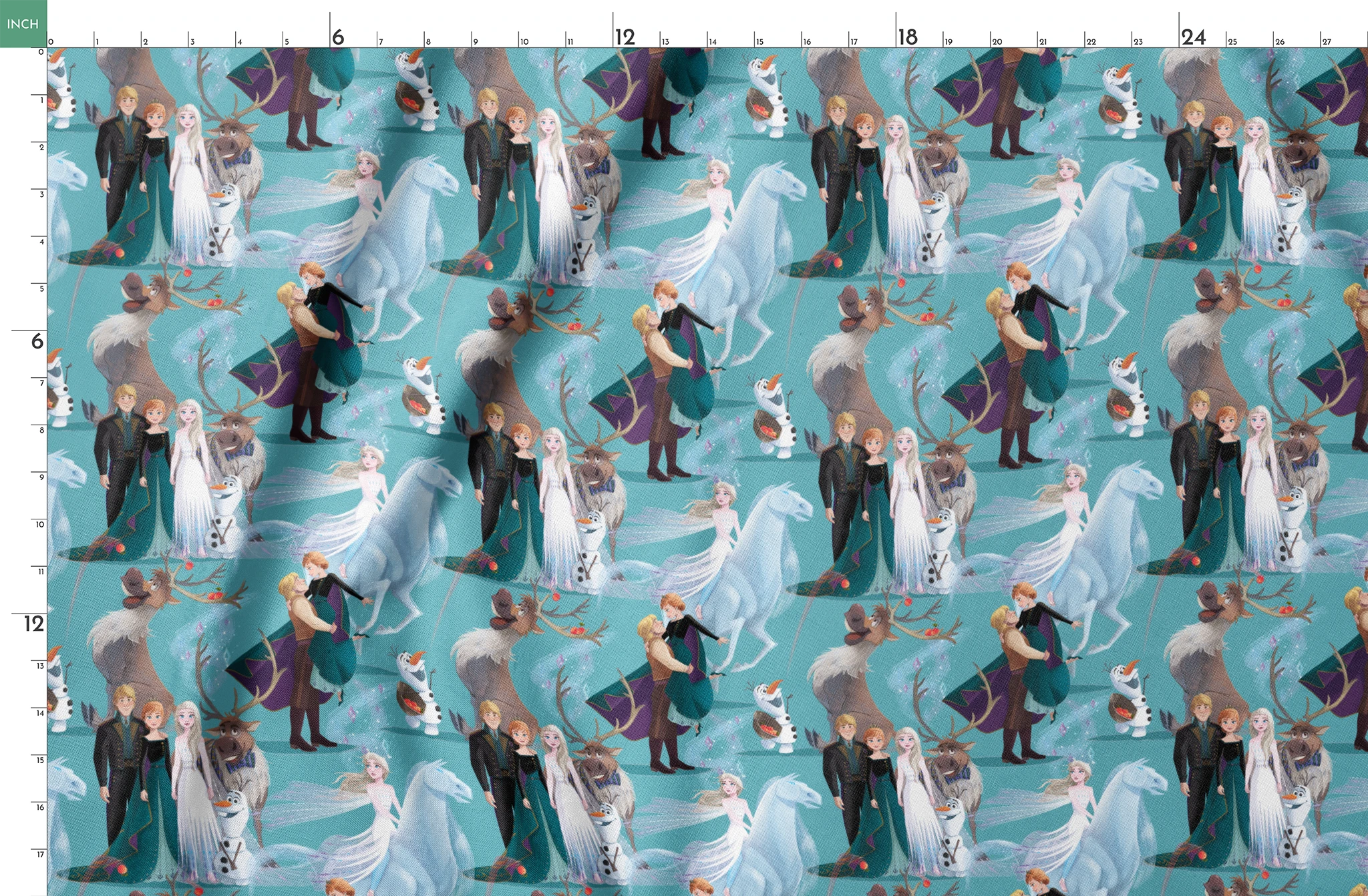 Characters from Frozen movie including Elsa, Olaf, Sven and others on turquoise background springs fatquarter mockup
