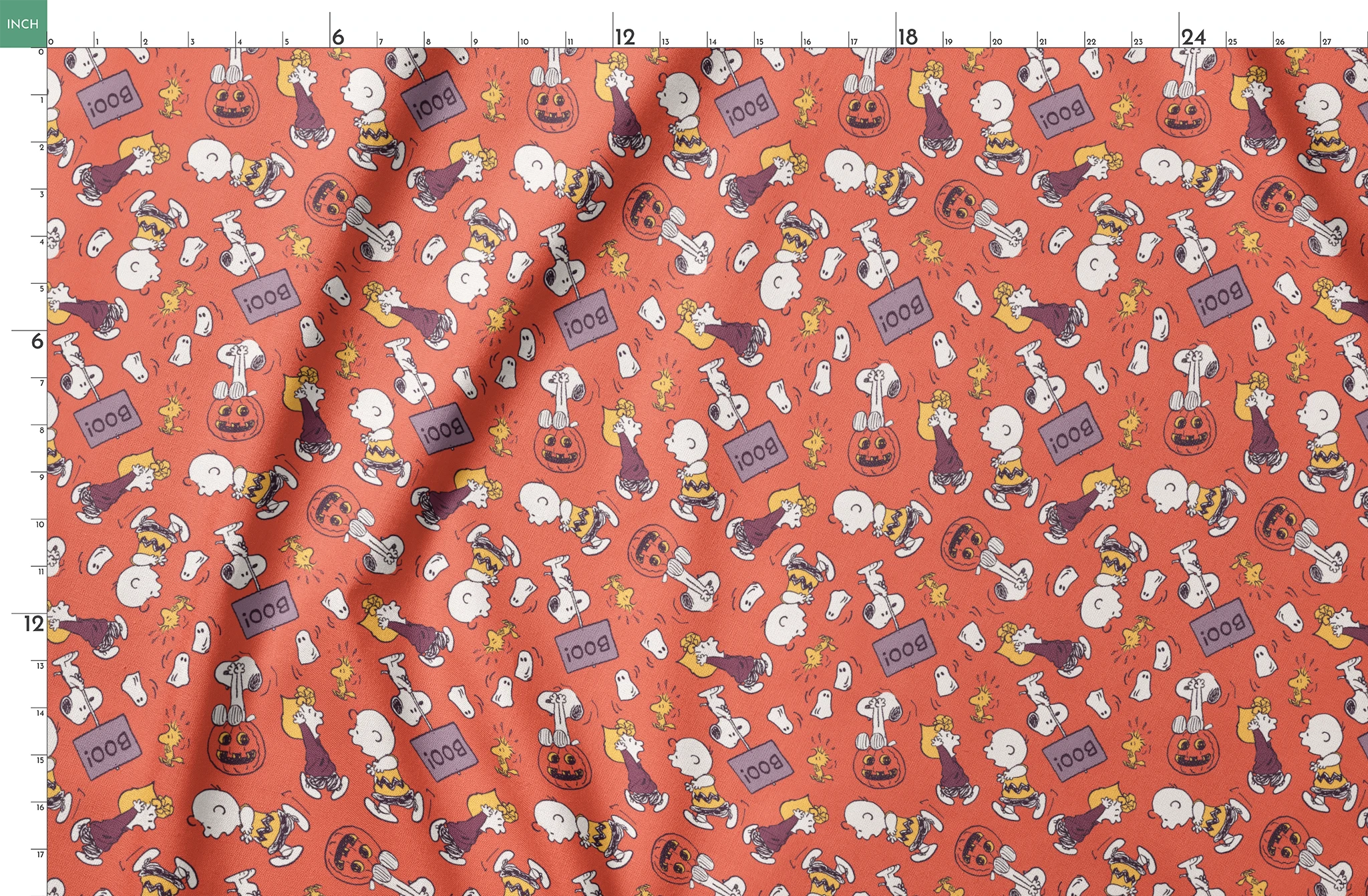 Snoopy and Woodstock Halloween pattern on orange background with pumpkins, ghosts, and "boo" text springs fatquarter mockup