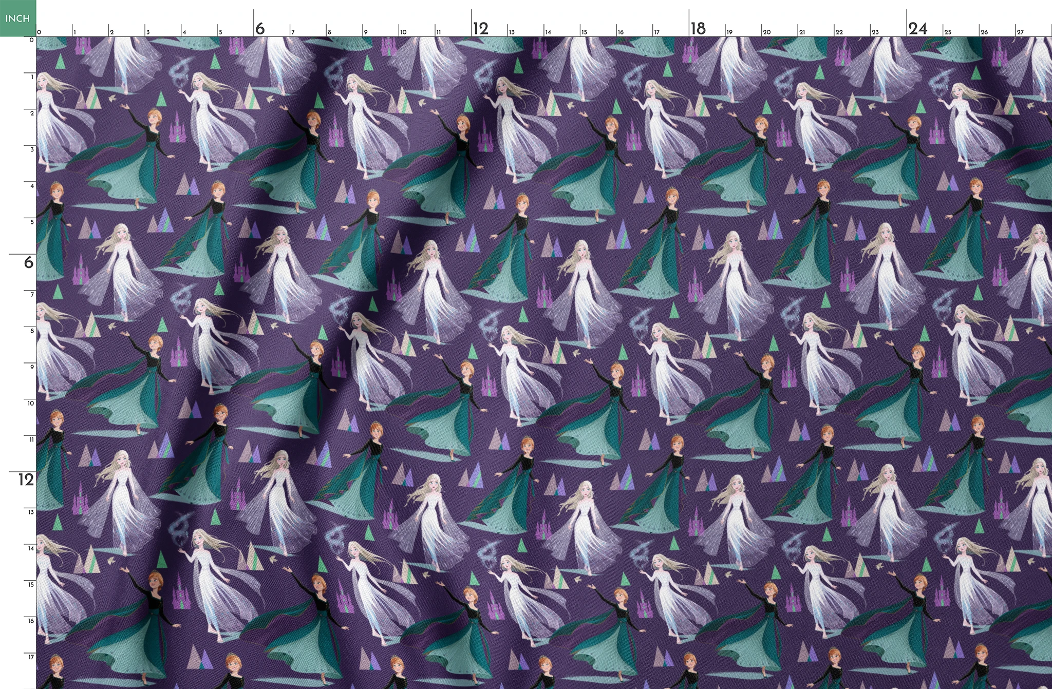 Frozen characters and ice castles on purple background, magical fantasy pattern springs fatquarter mockup