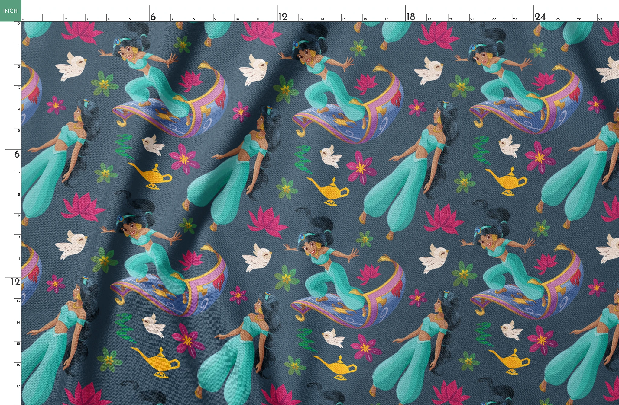 Animated characters in turquoise outfits flying on magic carpets with white doves, lotus flowers, and a golden lamp against dark background. springs fatquarter mockup