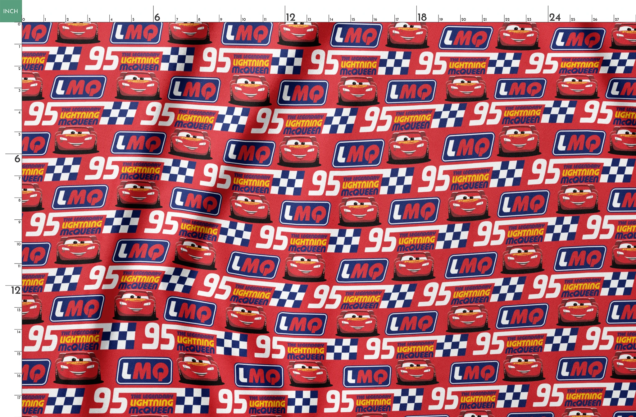 Colorful red racing pattern with "95" numbers, "Lightning" text, checkered flags, and blue "LMC" logos springs fatquarter mockup