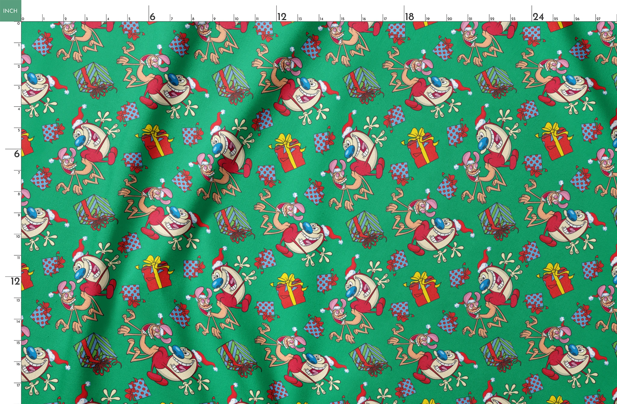 Whimsical cartoon Christmas pattern with elves, Santa figures, and colorful gifts on green background springs fatquarter mockup