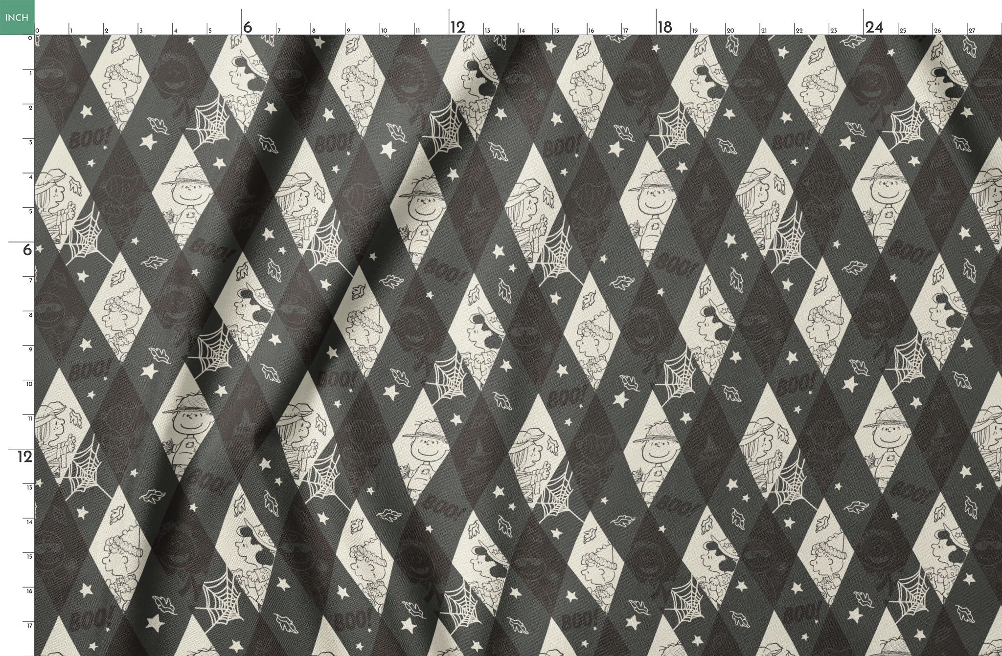 Diamond pattern with Peanuts characters and Halloween motifs in black and cream, featuring spider webs, stars, and "BOO!" text. springs fatquarter mockup
