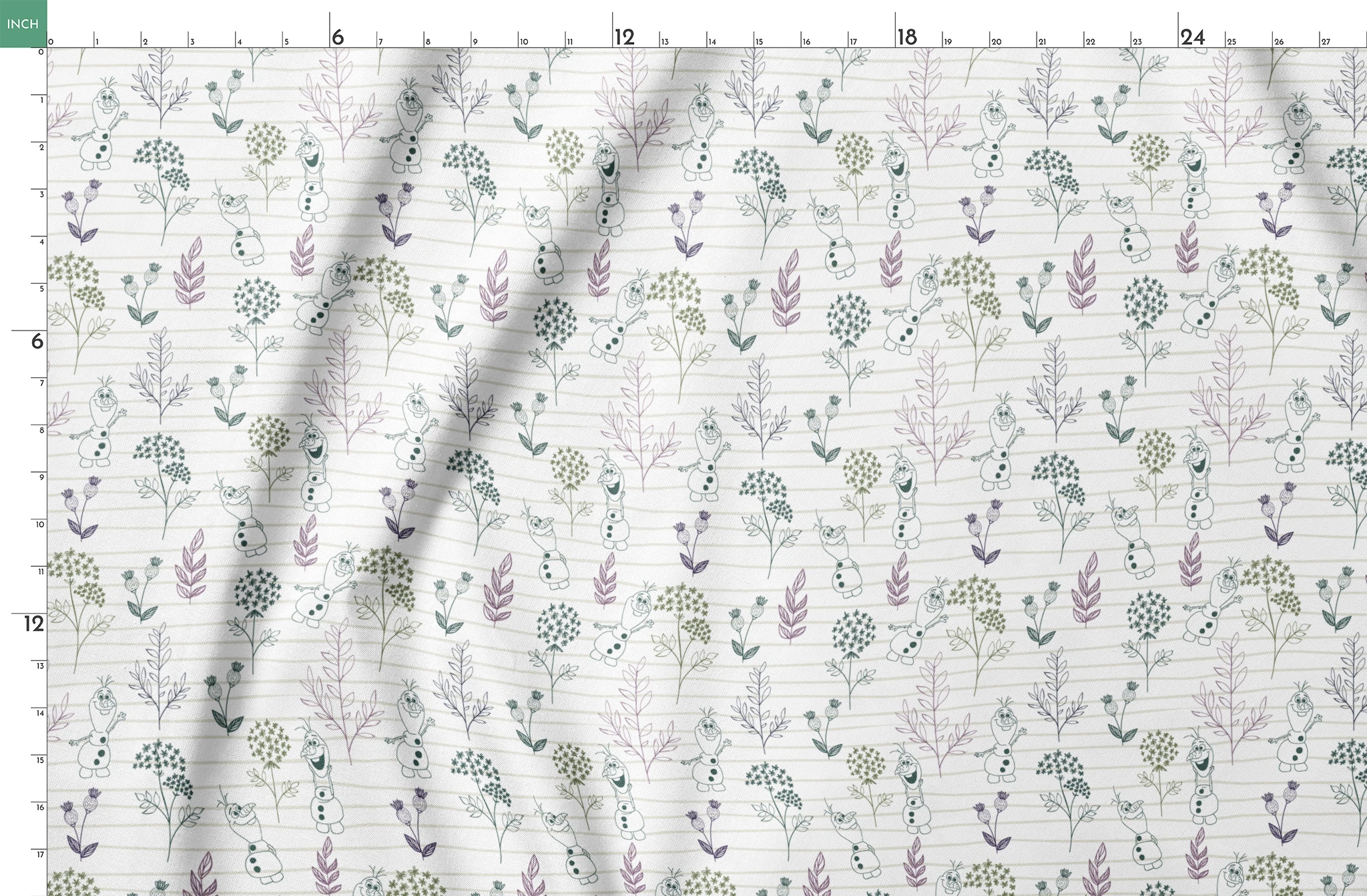 Pattern of sketched botanical elements, flowers, and Olaf on a lined background in soft greens and purples springs fatquarter mockup