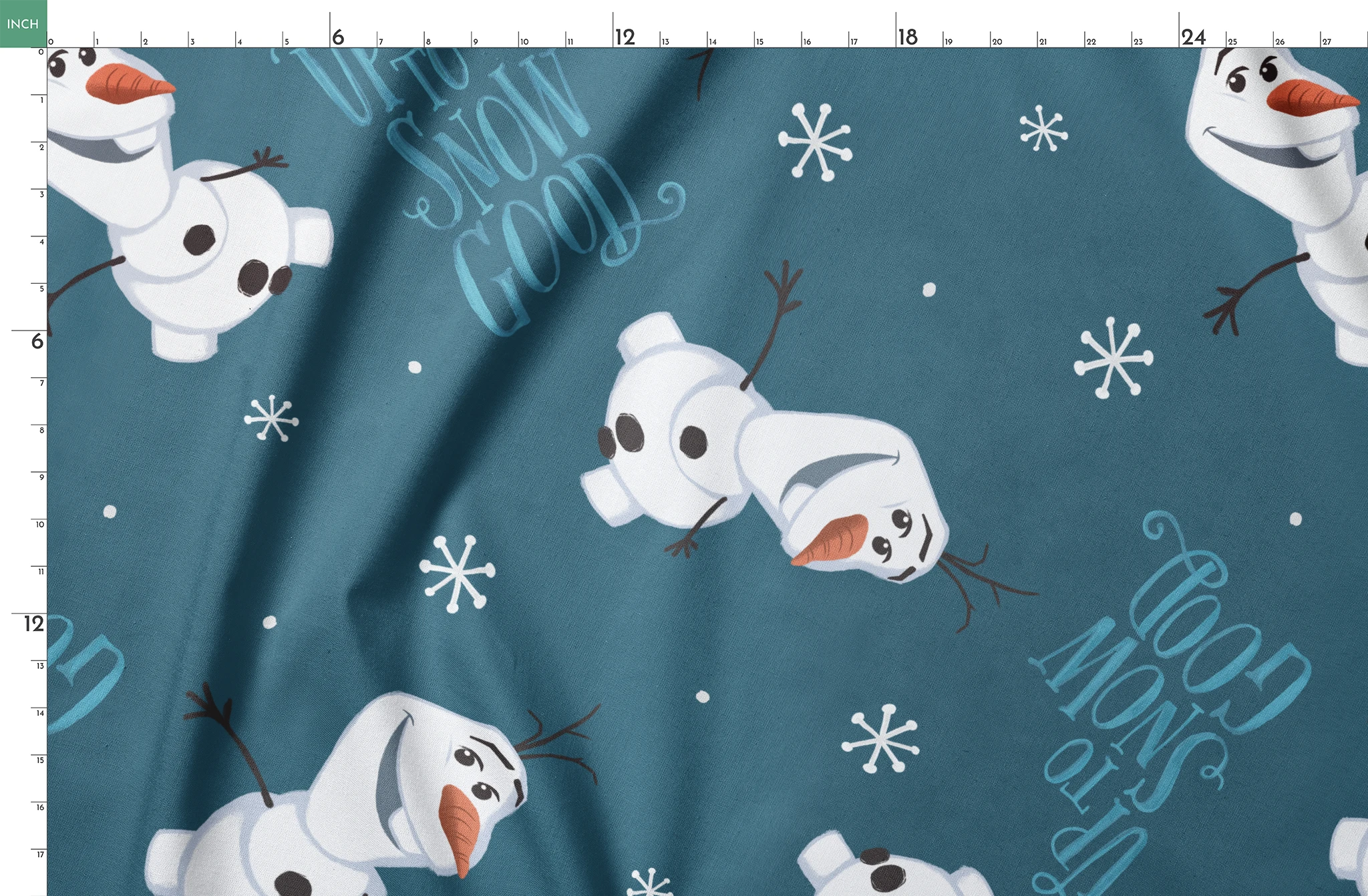 Playful Olaf pattern with "Let It Snow" text on teal background with snowflakes springs fatquarter mockup