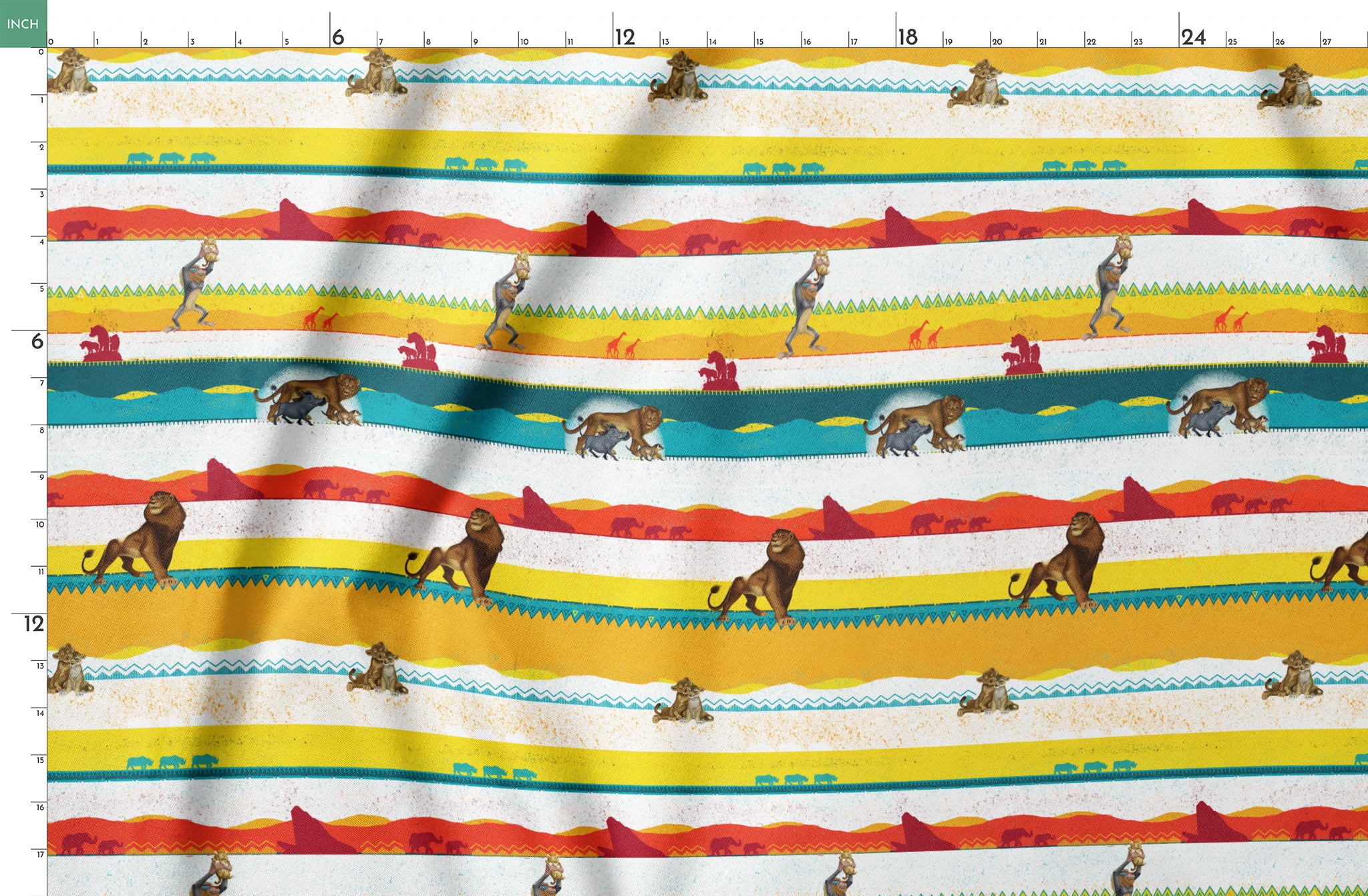 Colorful horizontal striped pattern featuring wildlife silhouettes including lion, elephant, and animals in savanna landscapes. springs fatquarter mockup