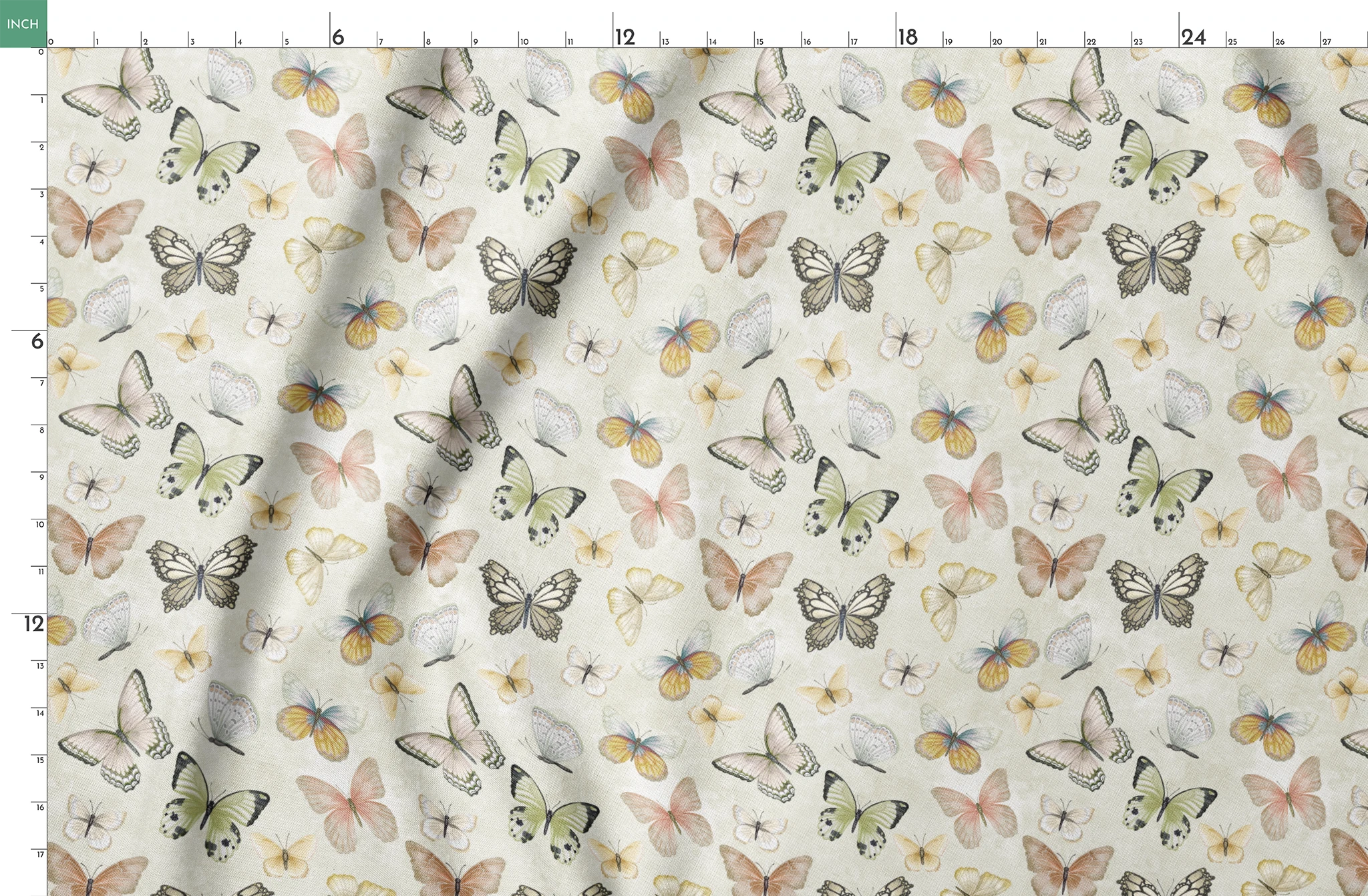Hand-illustrated pastel butterflies in pink, blue, yellow, and sage on a cream background in a botanical-style Nicole Tamarin design. springs fatquarter mockup