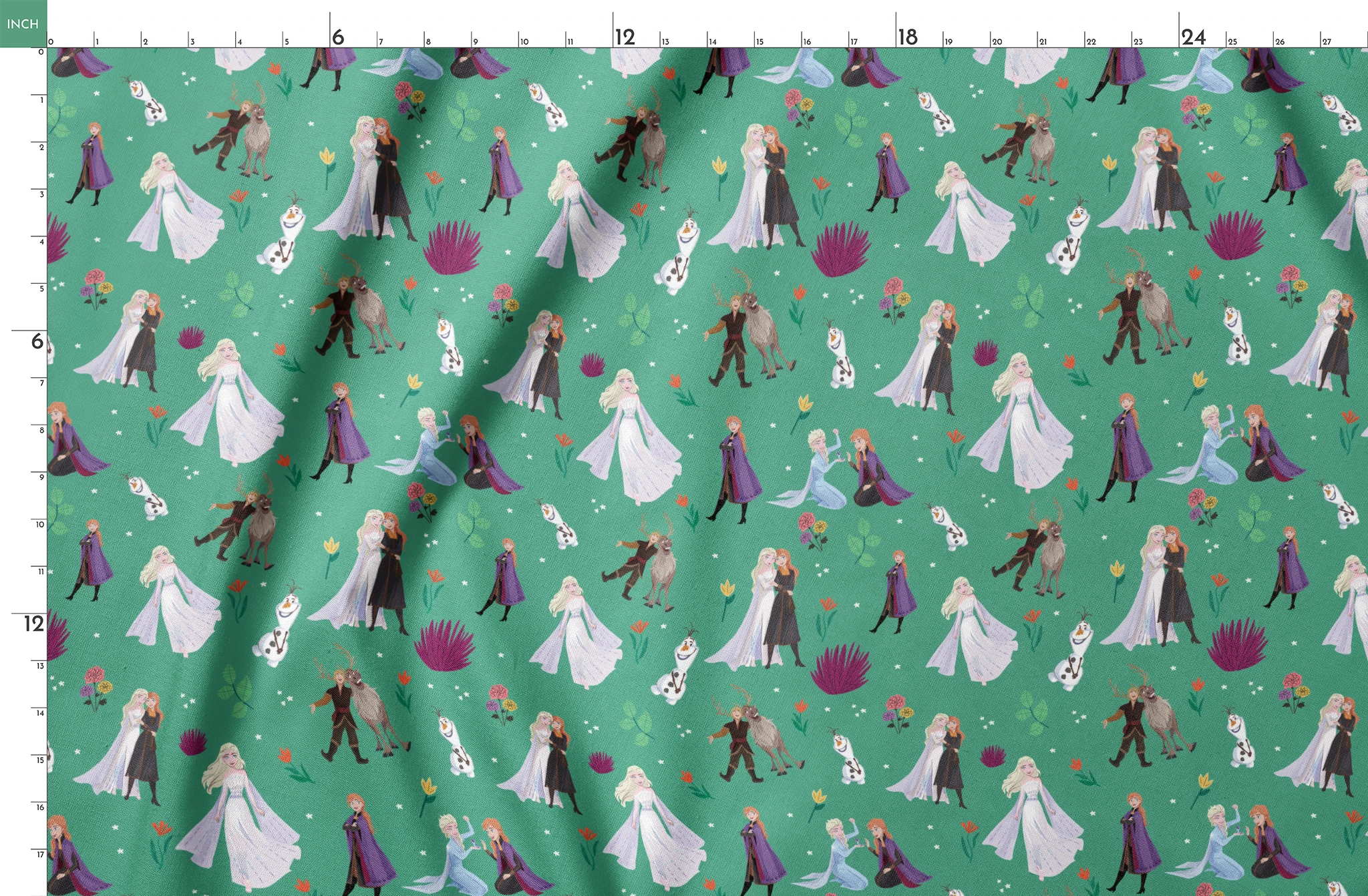 Pattern of animated characters from Frozen including Olaf the snowman, characters in formal attire, and colorful flowers on a green background. springs fatquarter mockup