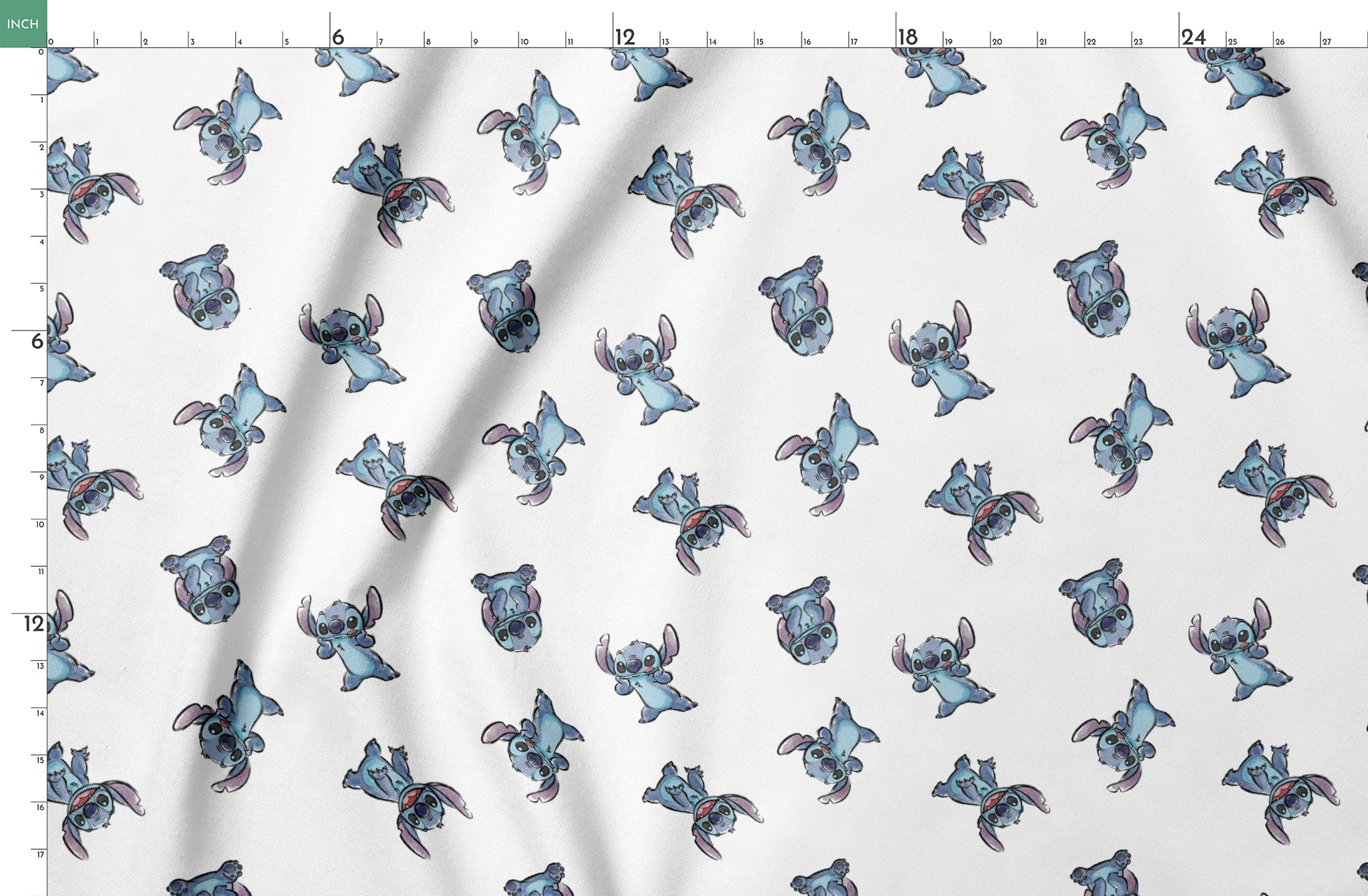Blue cartoon Stitch characters from Disney's Lilo & Stitch in various playful poses on white background springs fatquarter mockup