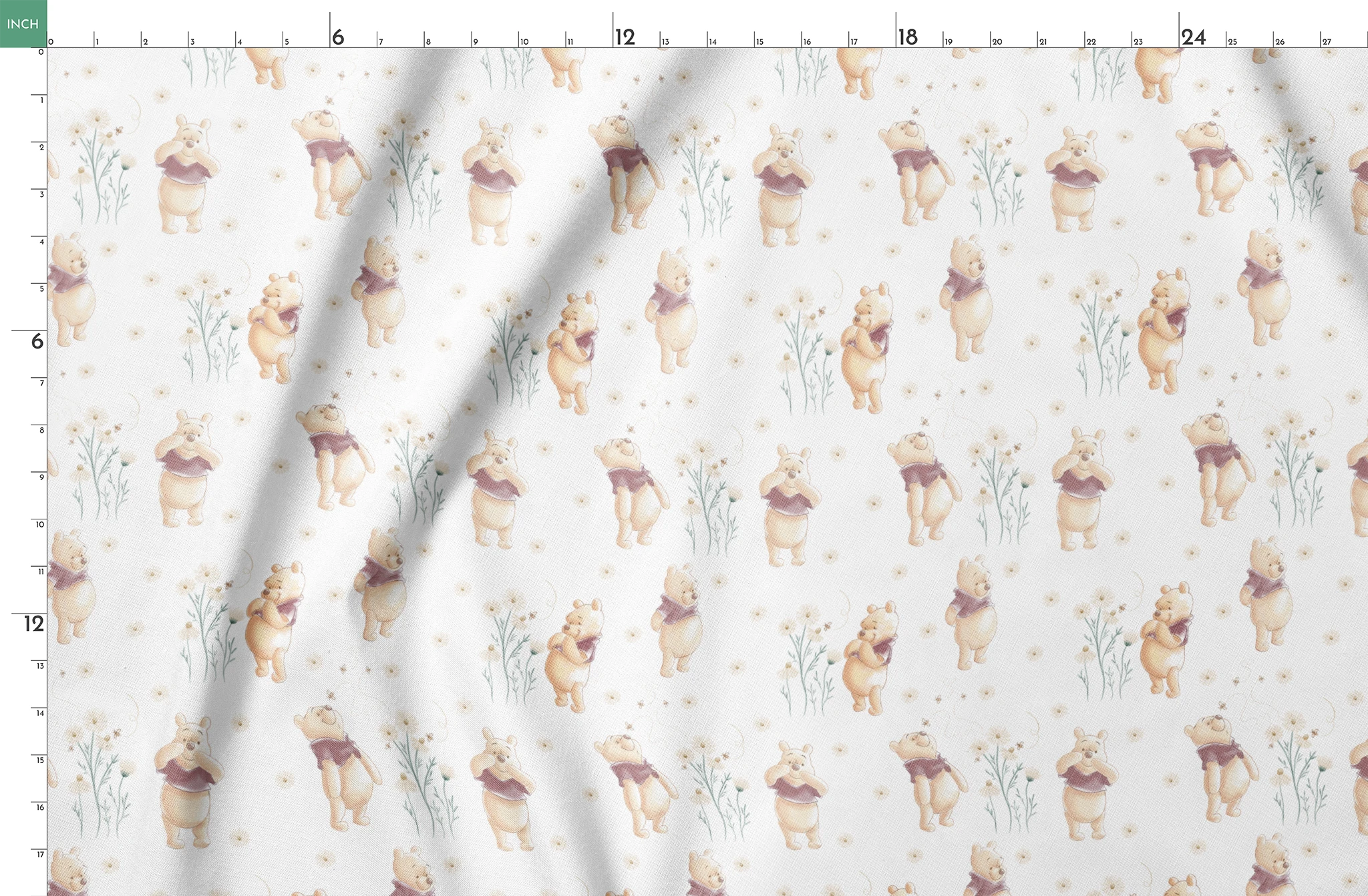 Winnie the Pooh pattern with cartoon bear in red shirt amid delicate white flowers springs fatquarter mockup