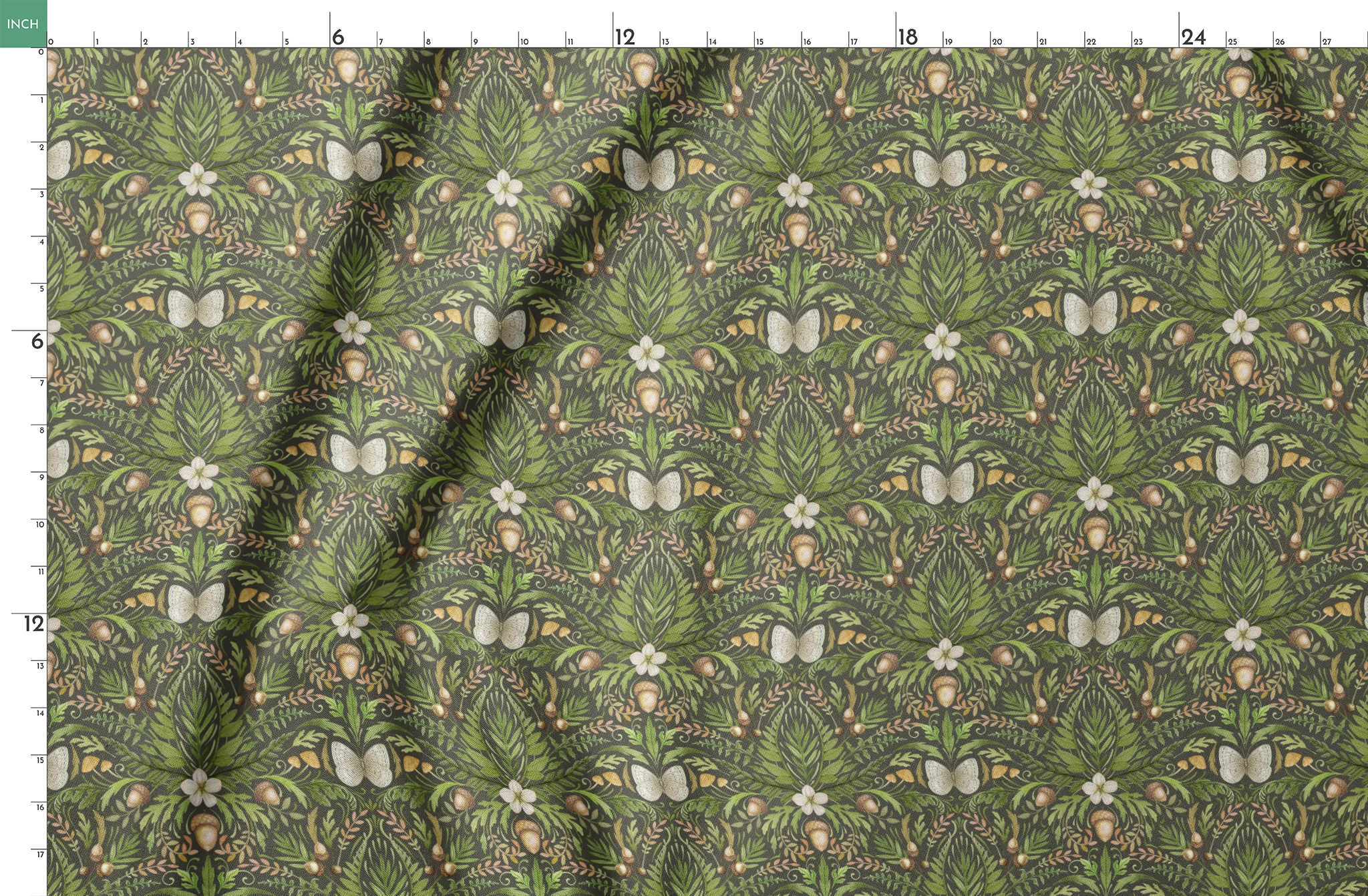 Symmetrical botanical pattern with green foliage, white flowers, and brown accents on dark background springs fatquarter mockup