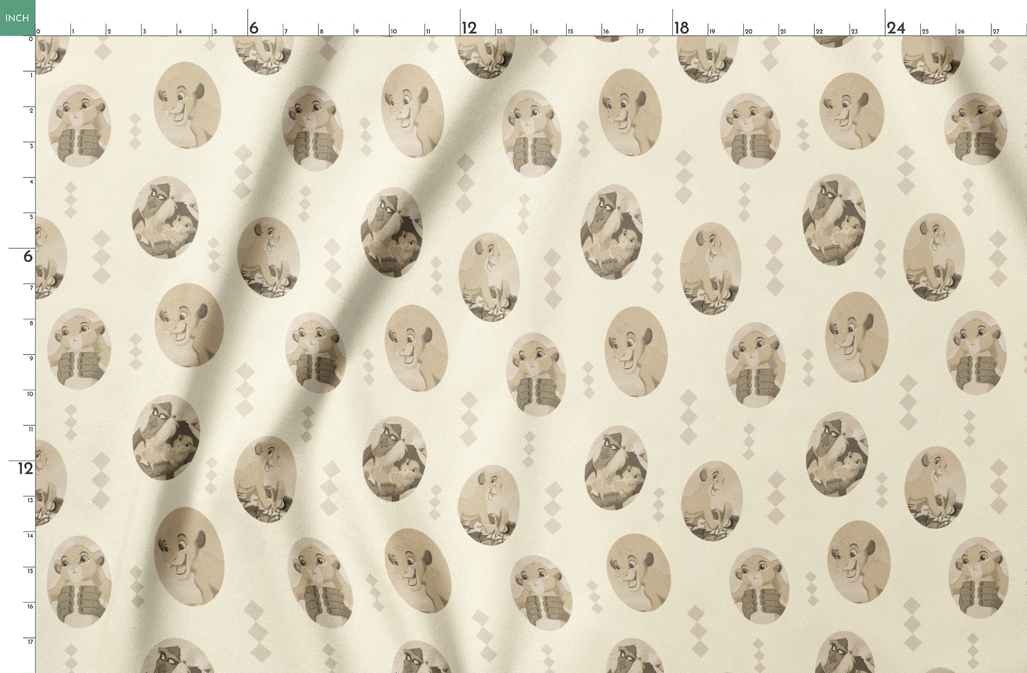 Lion King characters in sepia tone portraits on cream background with diamond pattern springs fatquarter mockup