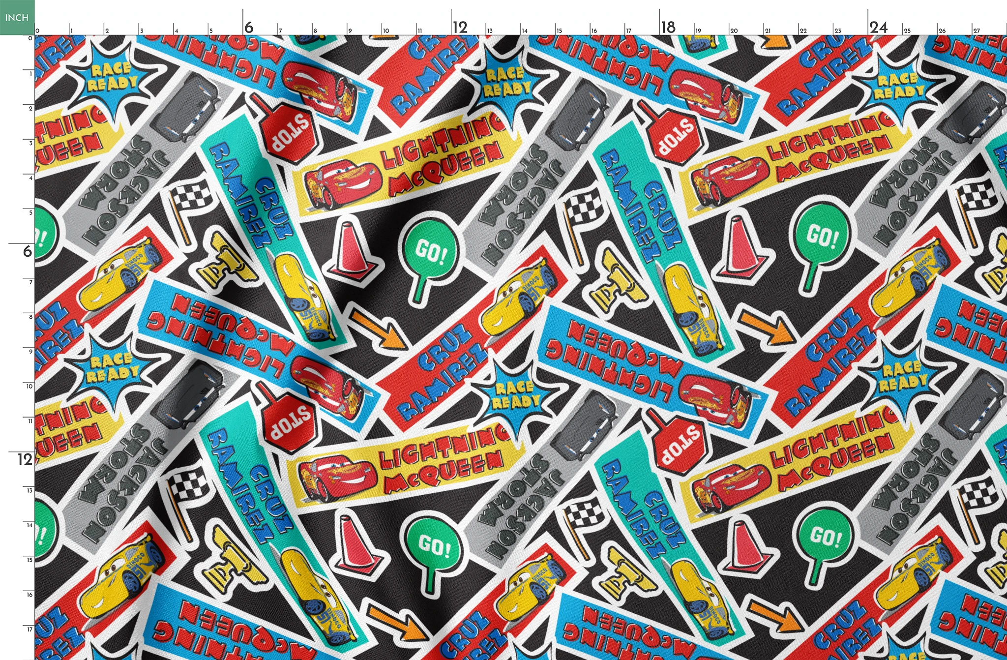 Colorful Cars movie stickers featuring Lightning McQueen, racing themes, and car motifs in vibrant colors. springs fatquarter mockup