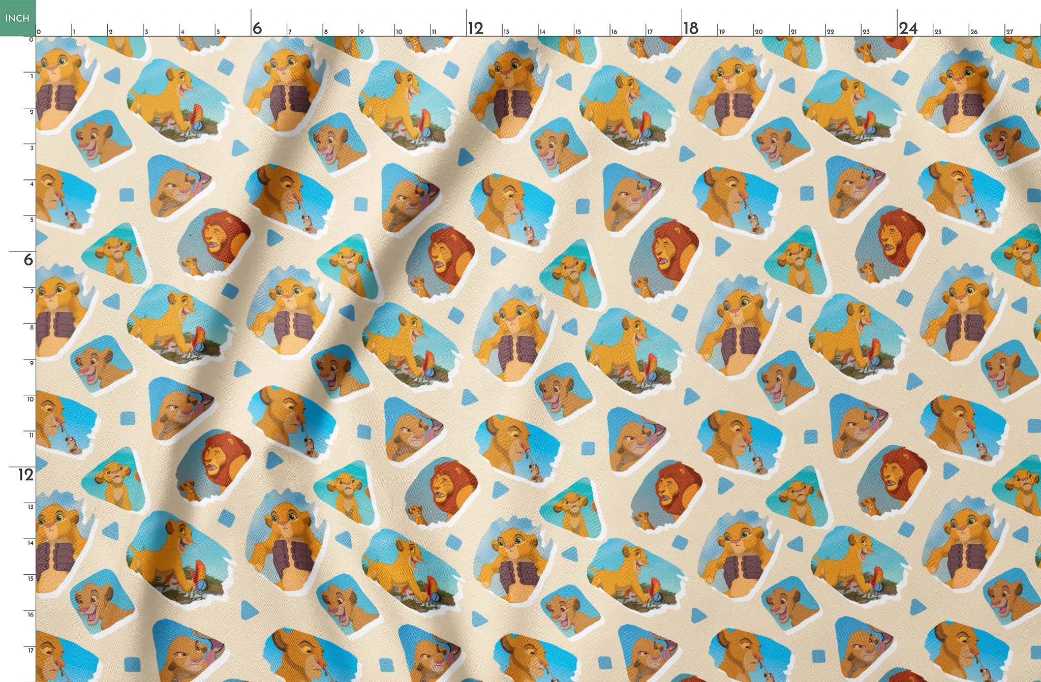 Young lion cub characters from The Lion King in a repeating pattern on cream background springs fatquarter mockup