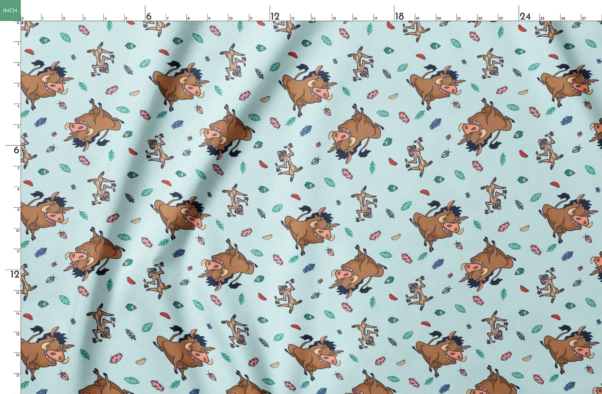 Lion King characters and colorful leaves scattered on light blue background in playful pattern springs fatquarter mockup