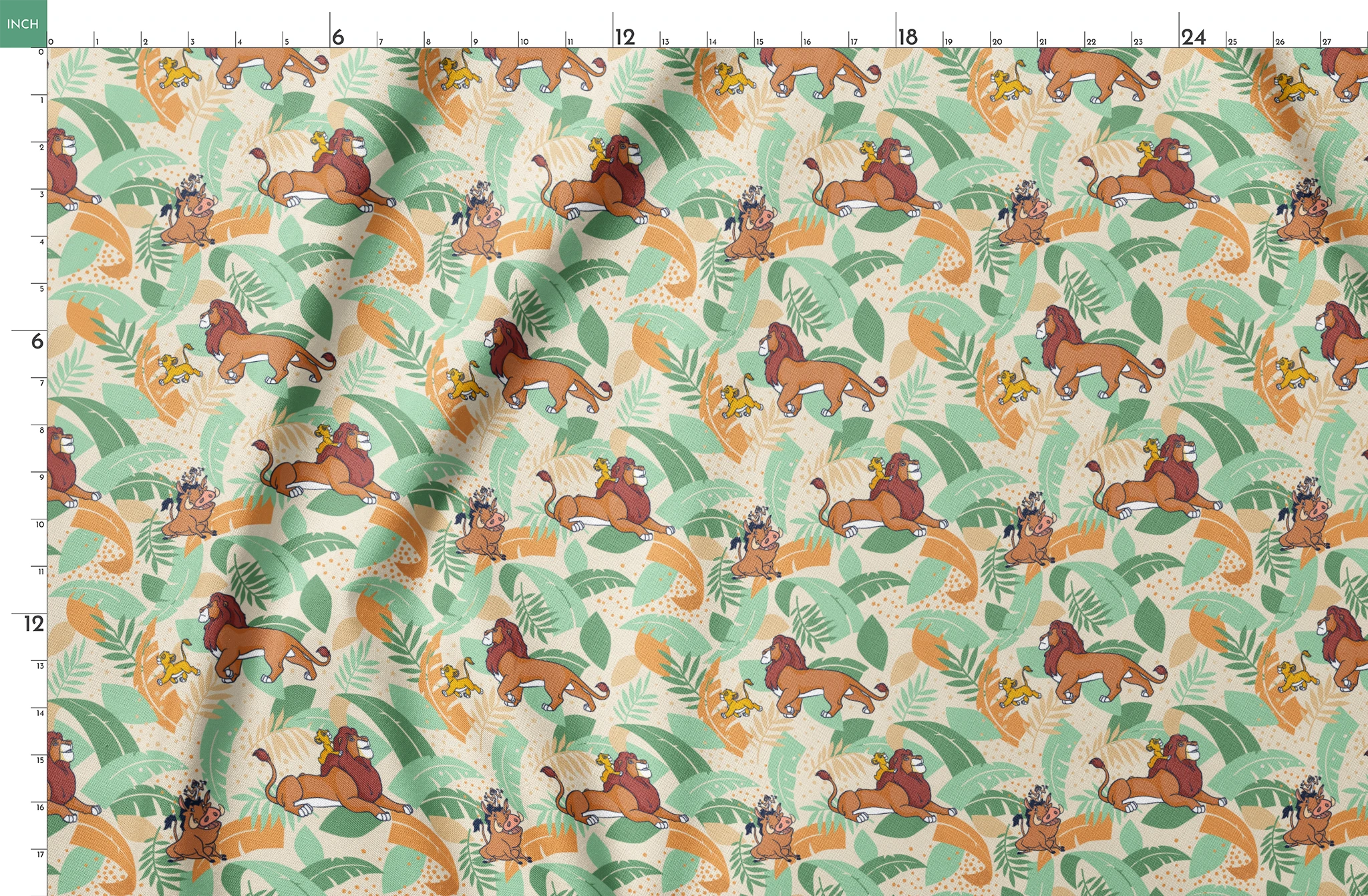 Lion King-inspired pattern with lions and jungle animals amid colorful tropical leaves on cream background springs fatquarter mockup