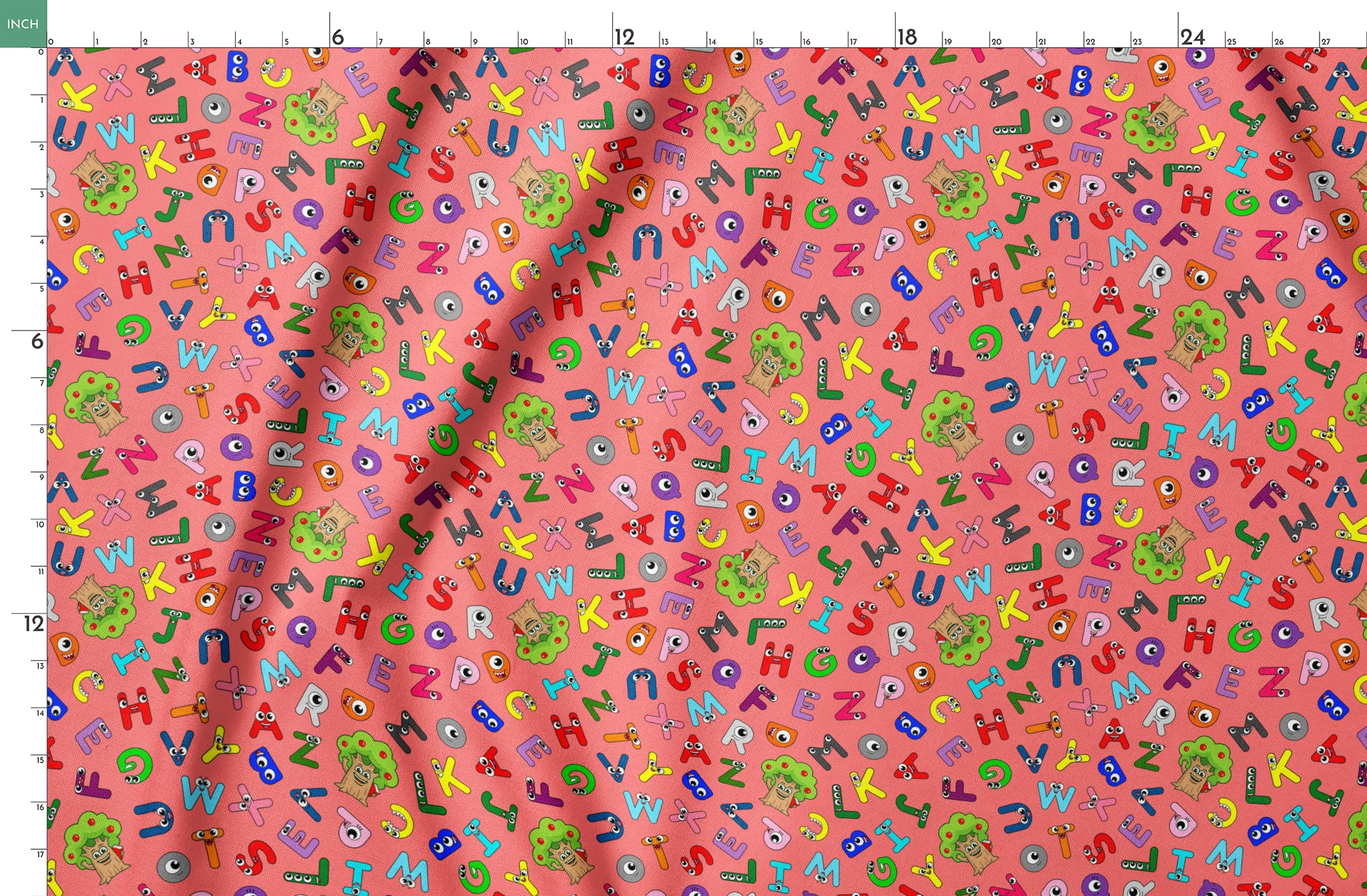Colorful alphabet pattern with cartoon letter characters on bright pink background springs fatquarter mockup