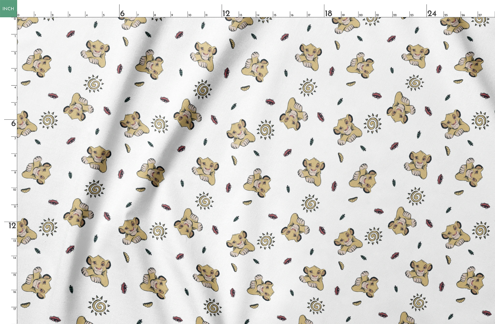 Cute cartoon lion cubs pattern with suns and leaves on white background springs fatquarter mockup
