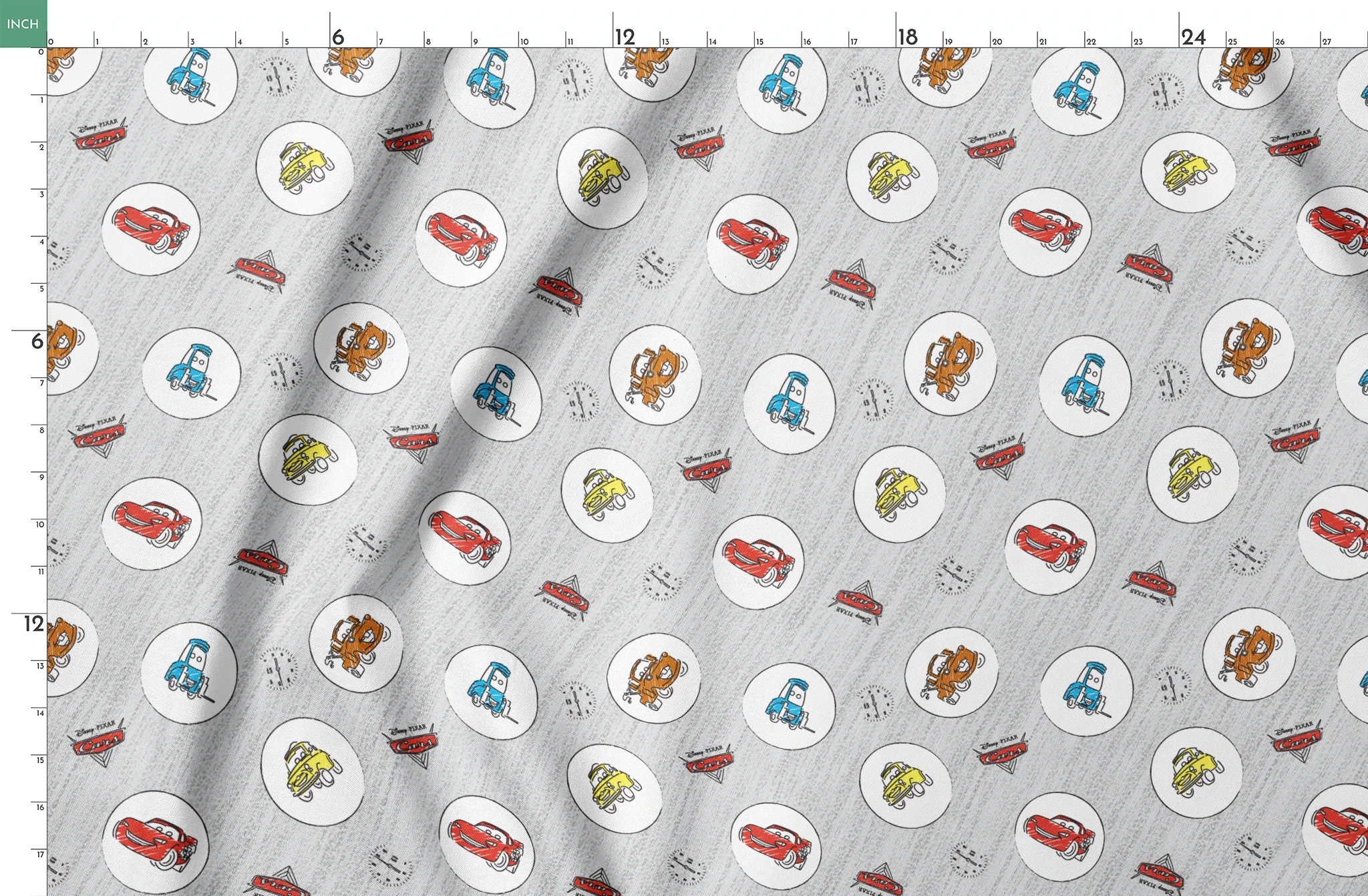 Cartoon Cars movie characters in white circles on a light gray sketched background with Cars logos springs fatquarter mockup