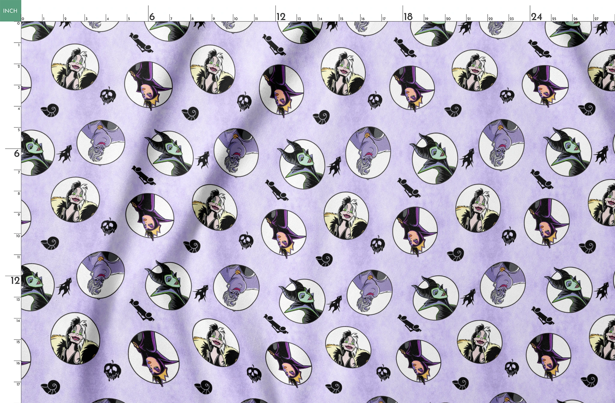 Disney villains pattern with circular character portraits on lavender background with black silhouettes of iconic symbols springs fatquarter mockup