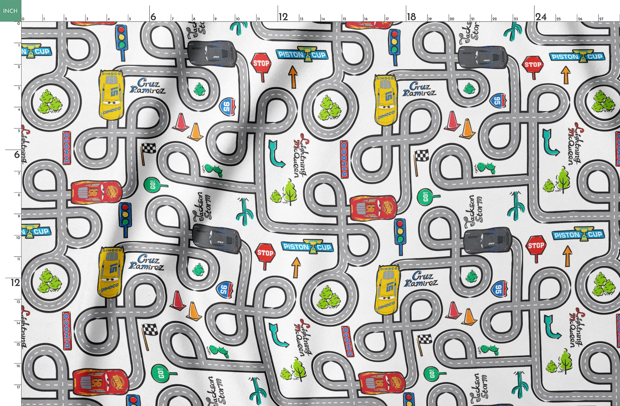 Cartoon road map with cars, traffic signs, and "Cruz Ramirez" label on winding gray streets springs fatquarter mockup