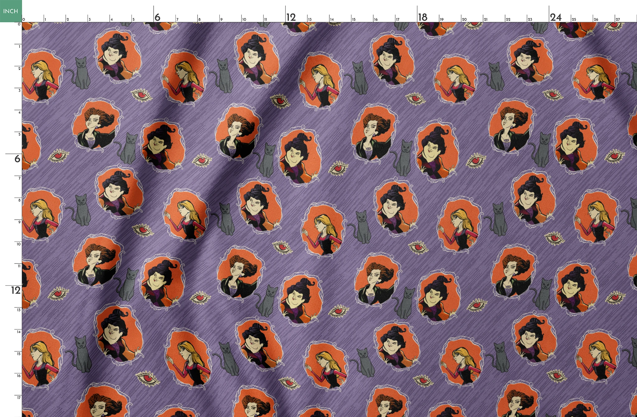 Purple background pattern with illustrated cartoon characters, black cats, and eye symbols in orange circular frames springs fatquarter mockup