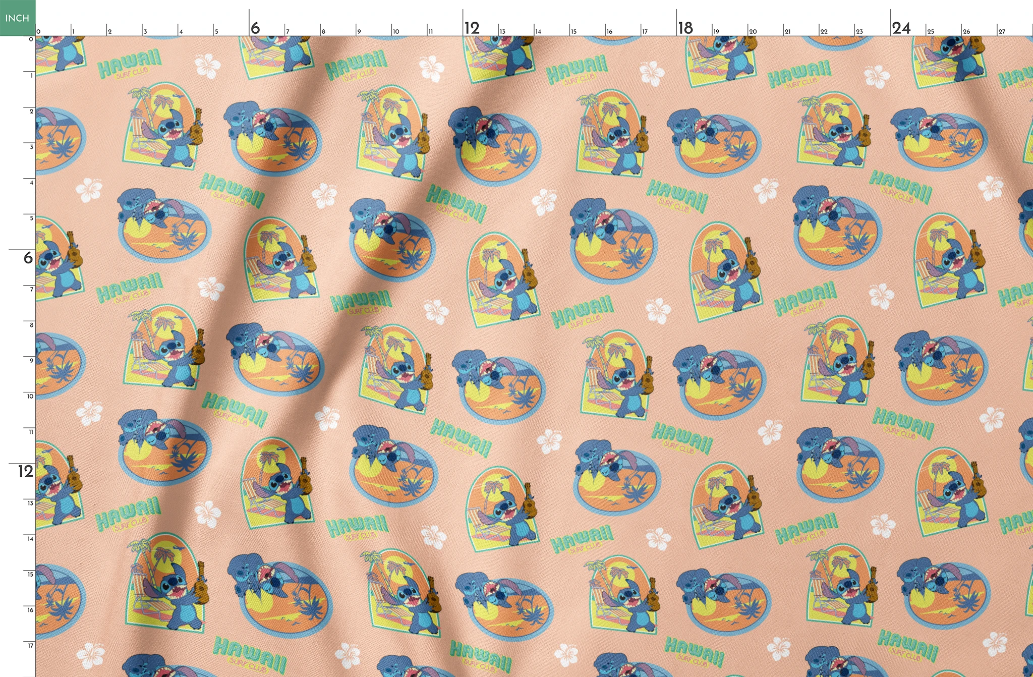 Disney's Stitch character on peach background with Hawaii-themed illustrations featuring surfboards, ukulele, and tropical imagery springs fatquarter mockup