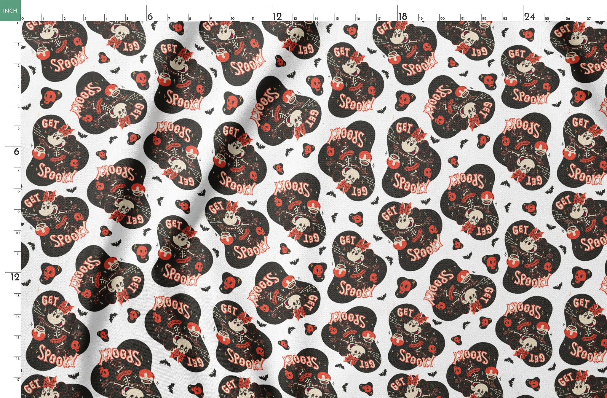 Halloween pattern with Minnie Mouse shapes, "Get Spooky" text, skulls, bats, and hearts on white background springs fatquarter mockup
