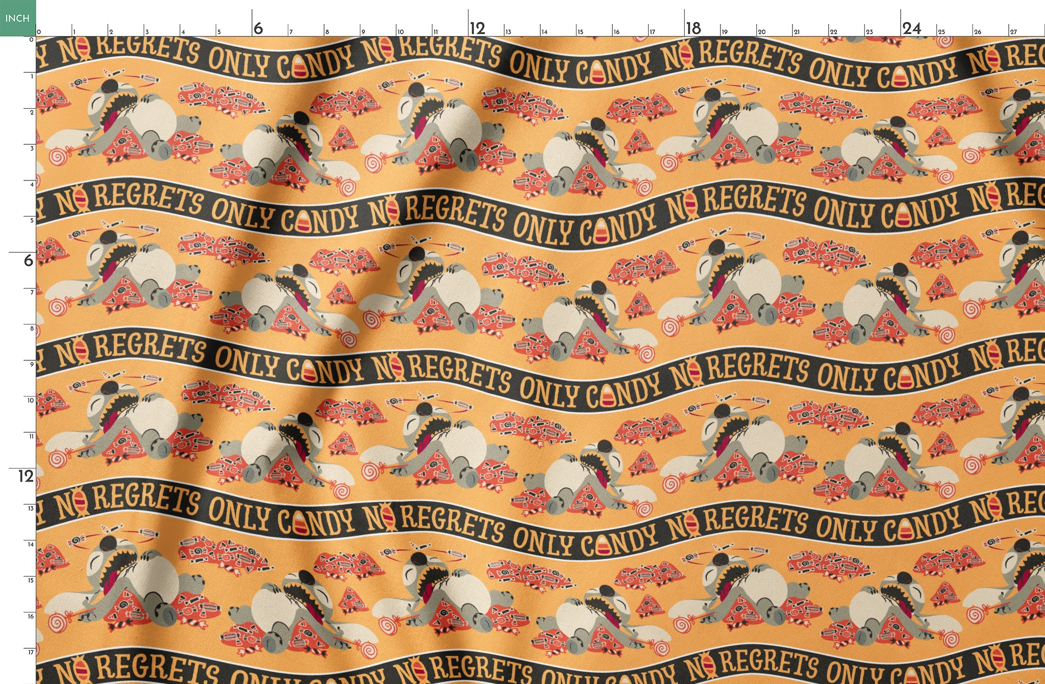 Repeating pattern with "NO REGRETS ONLY CANDY" text, featuring Disney's Stitch and candy corn on orange background. springs fatquarter mockup