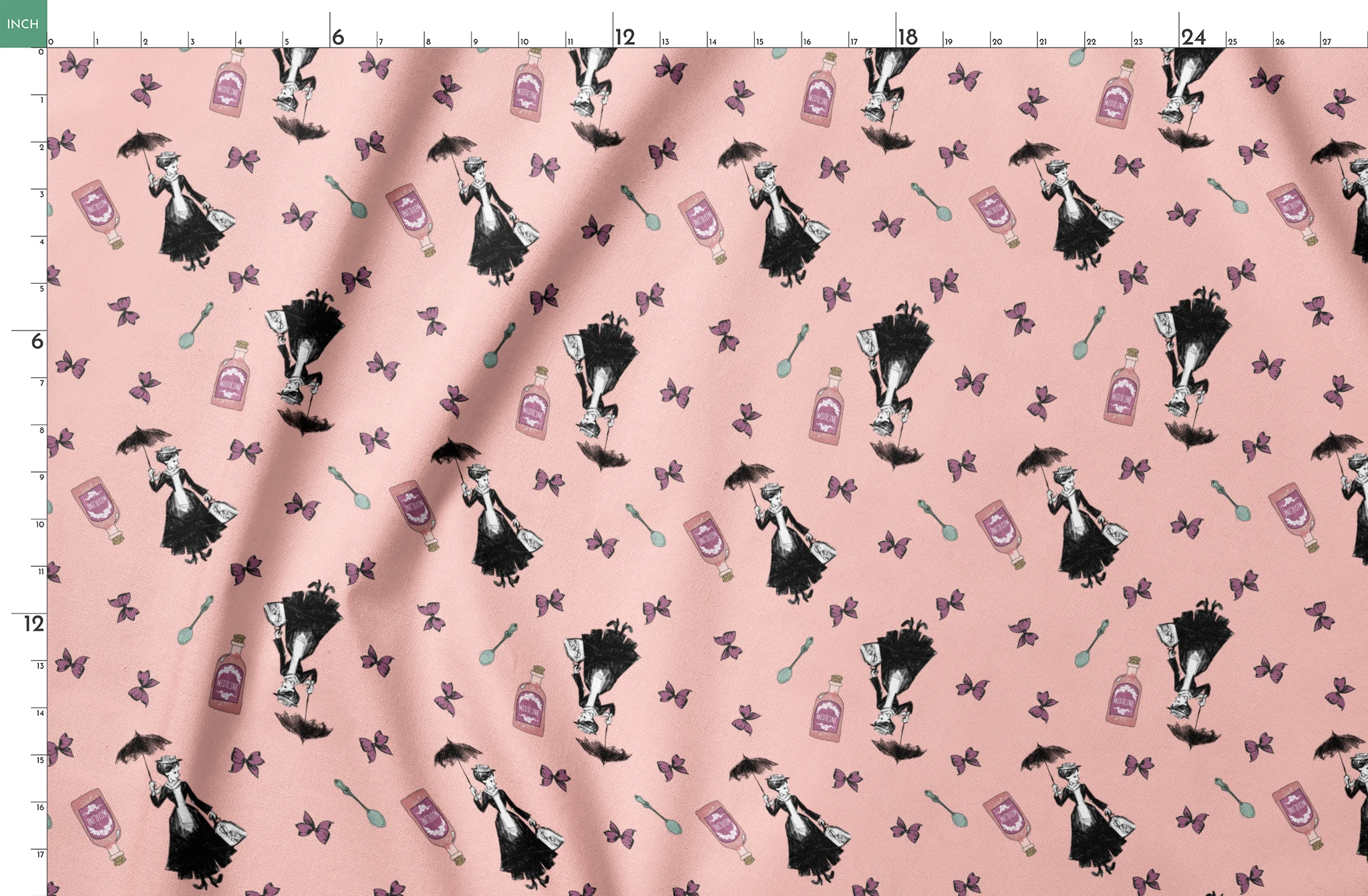 Whimsical illustration on pink background featuring Mary Poppins, purple bottles, and floating bows springs fatquarter mockup