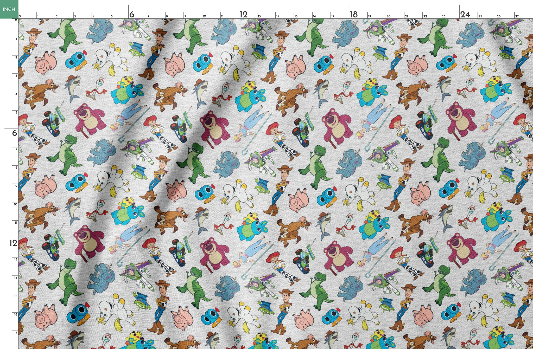 Colorful pattern of various animated Toy Story characters on a light speckled background springs fatquarter mockup