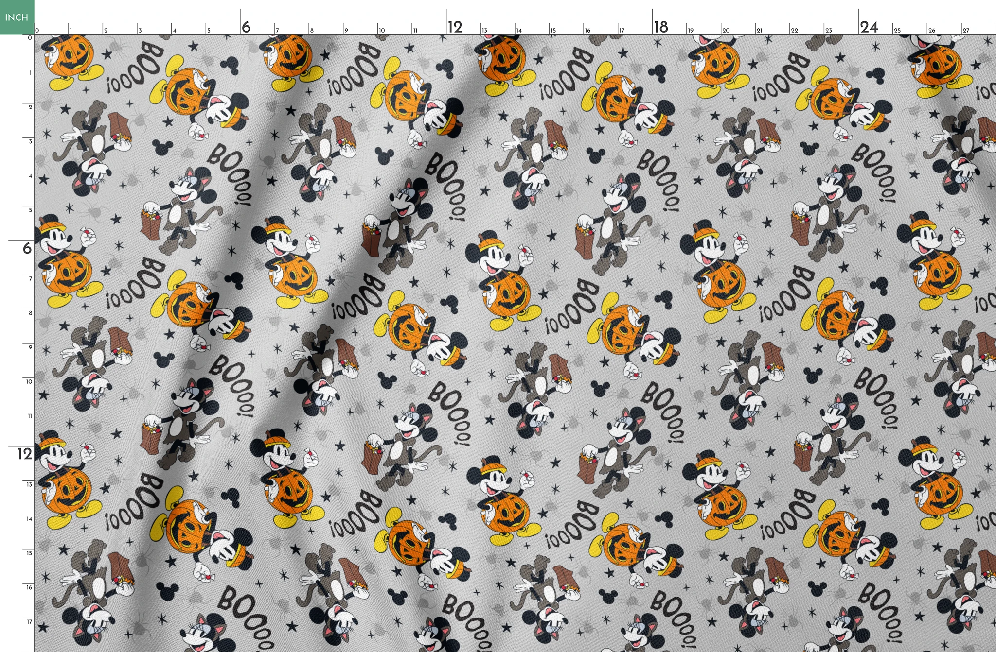 Mickey Mouse Halloween pattern with pumpkins, spiders, bats, "BOO!" text on gray background springs fatquarter mockup