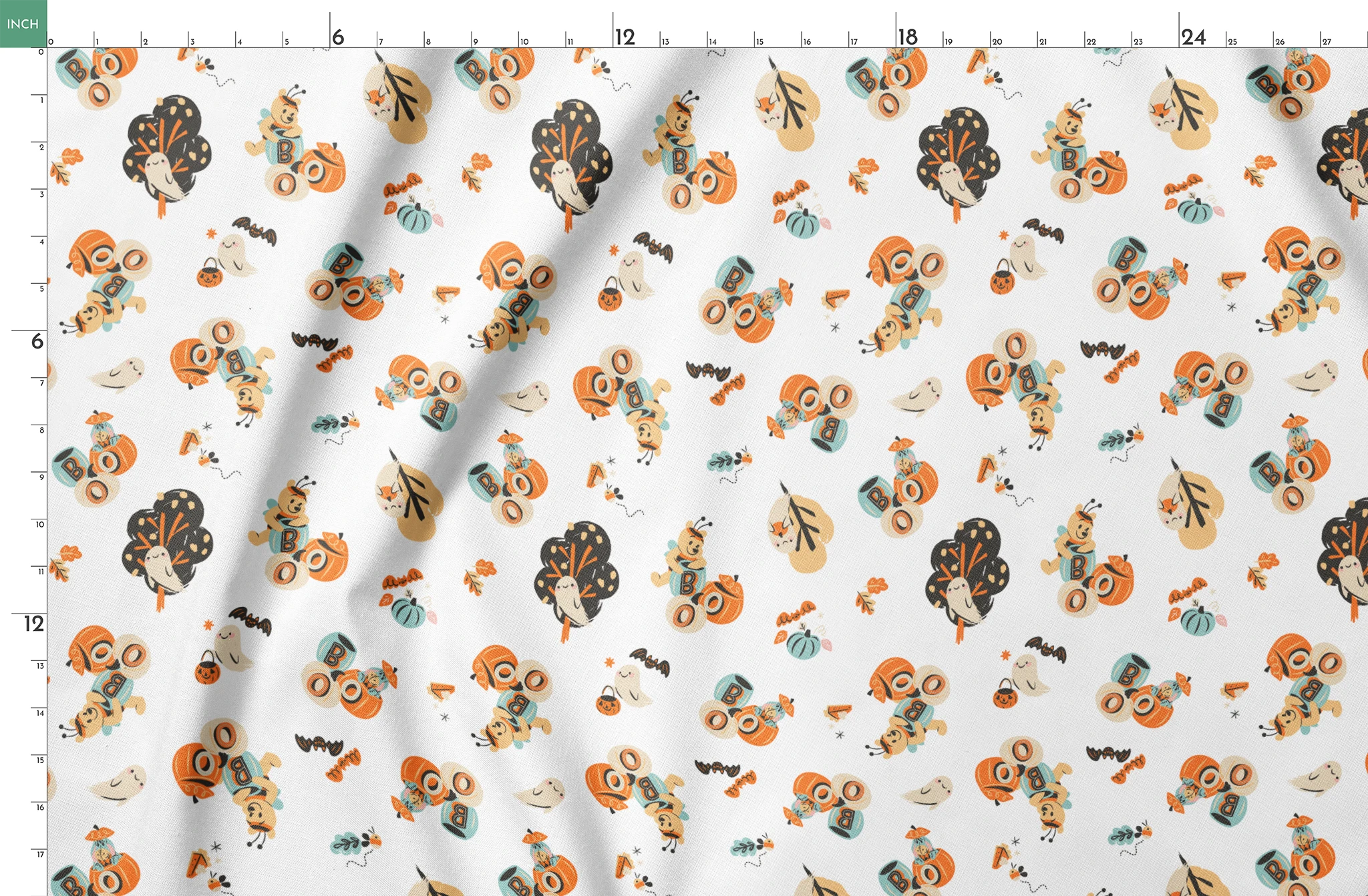 Halloween-themed pattern with Winnie the Pooh characters, pumpkins, and autumn motifs in orange, teal and black on white background. springs fatquarter mockup