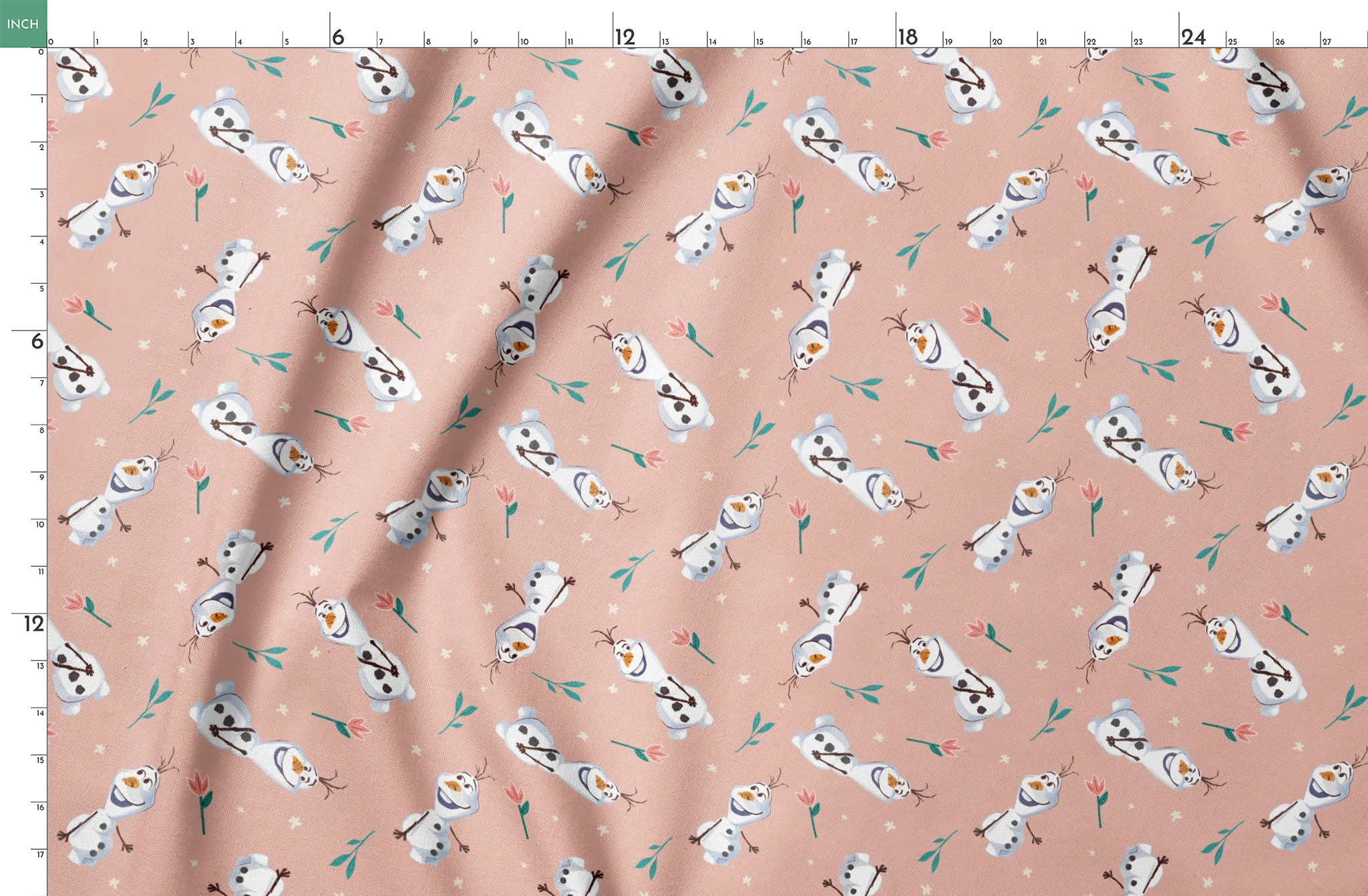 Playful pattern of Olaf scattered with green leaves on a peachy pink background springs fatquarter mockup