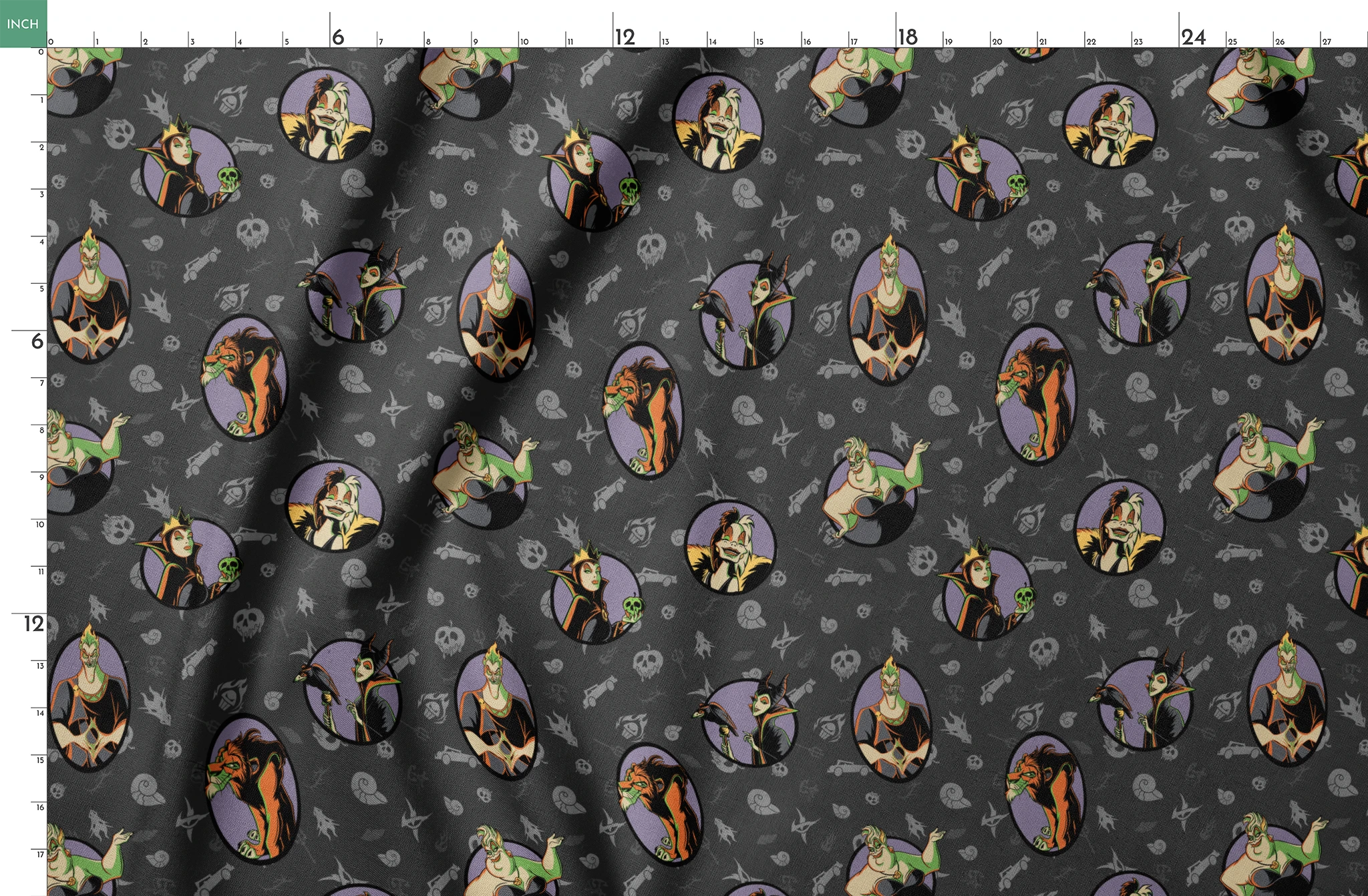 Cartoon Disney villains in purple circles on dark gray background with villain-themed icons springs fatquarter mockup