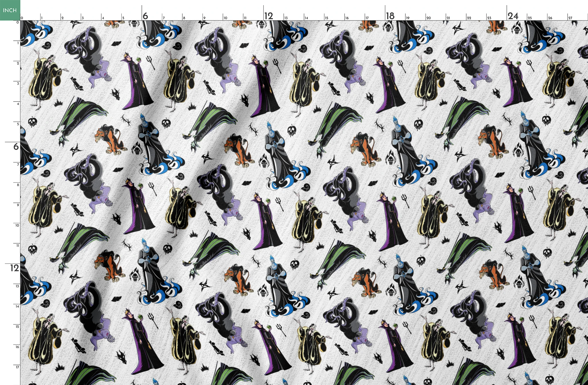 Disney villains pattern with stylized character silhouettes in black, purple, green, and orange on textured white background springs fatquarter mockup
