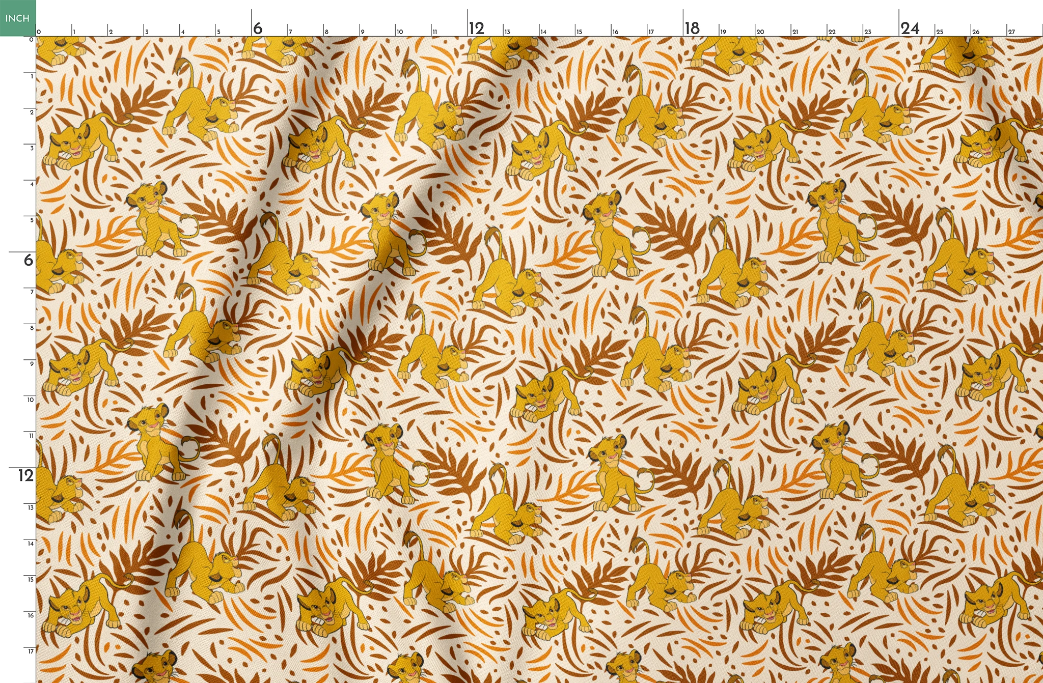Cartoon lion cubs playing among stylized brown palm leaf pattern on cream background springs fatquarter mockup