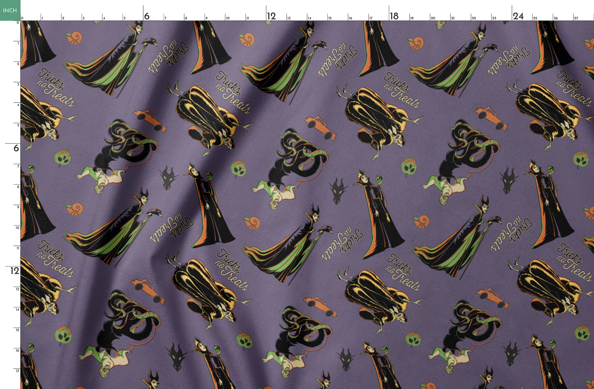 Cartoon villains pattern featuring Maleficent and other Disney antagonists on purple background springs fatquarter mockup