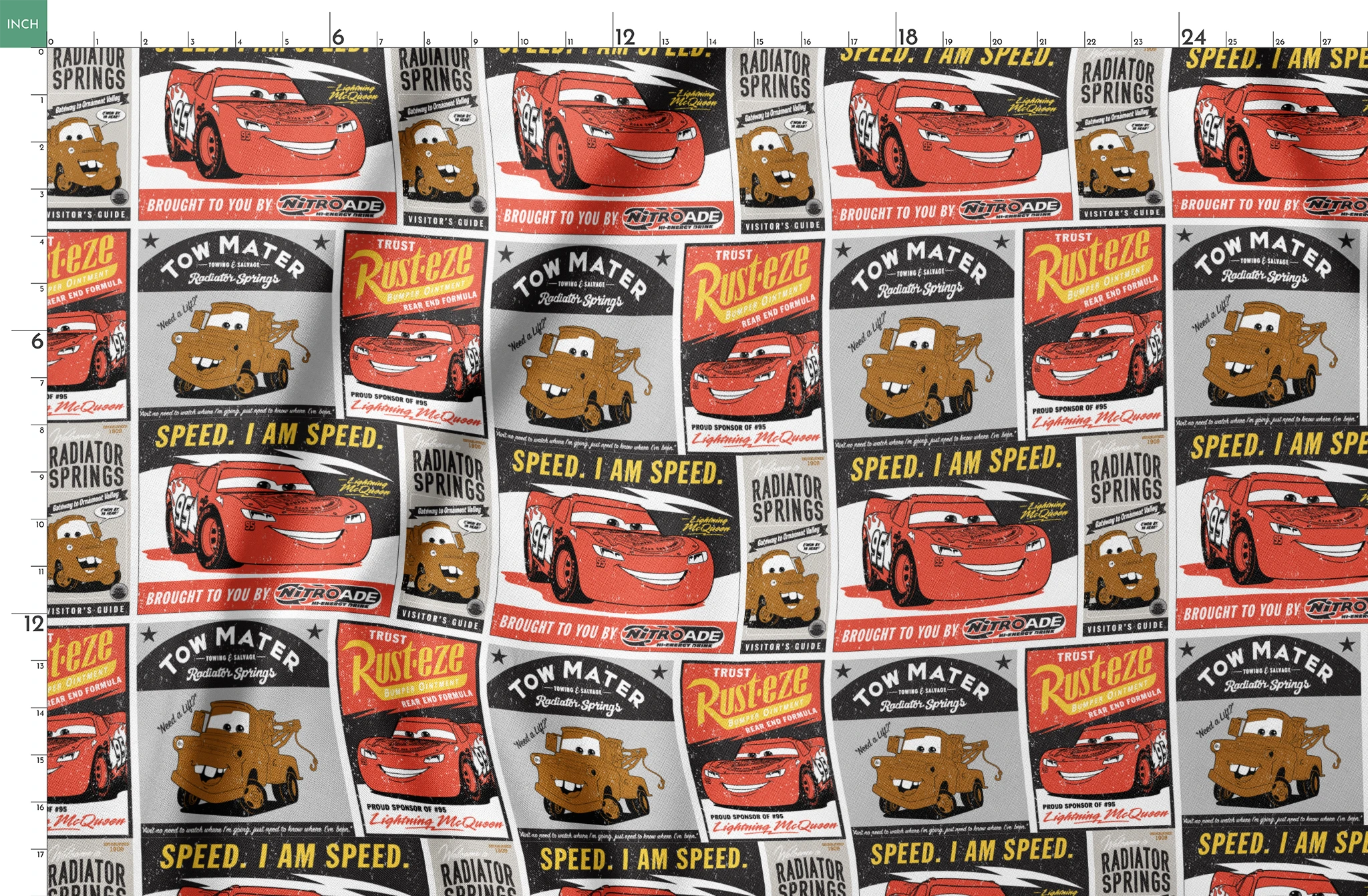 Cars merchandise posters featuring red race car saying "Speed. I am speed." and brown tow truck character with "Tow Mater" in vintage advertising style springs fatquarter mockup