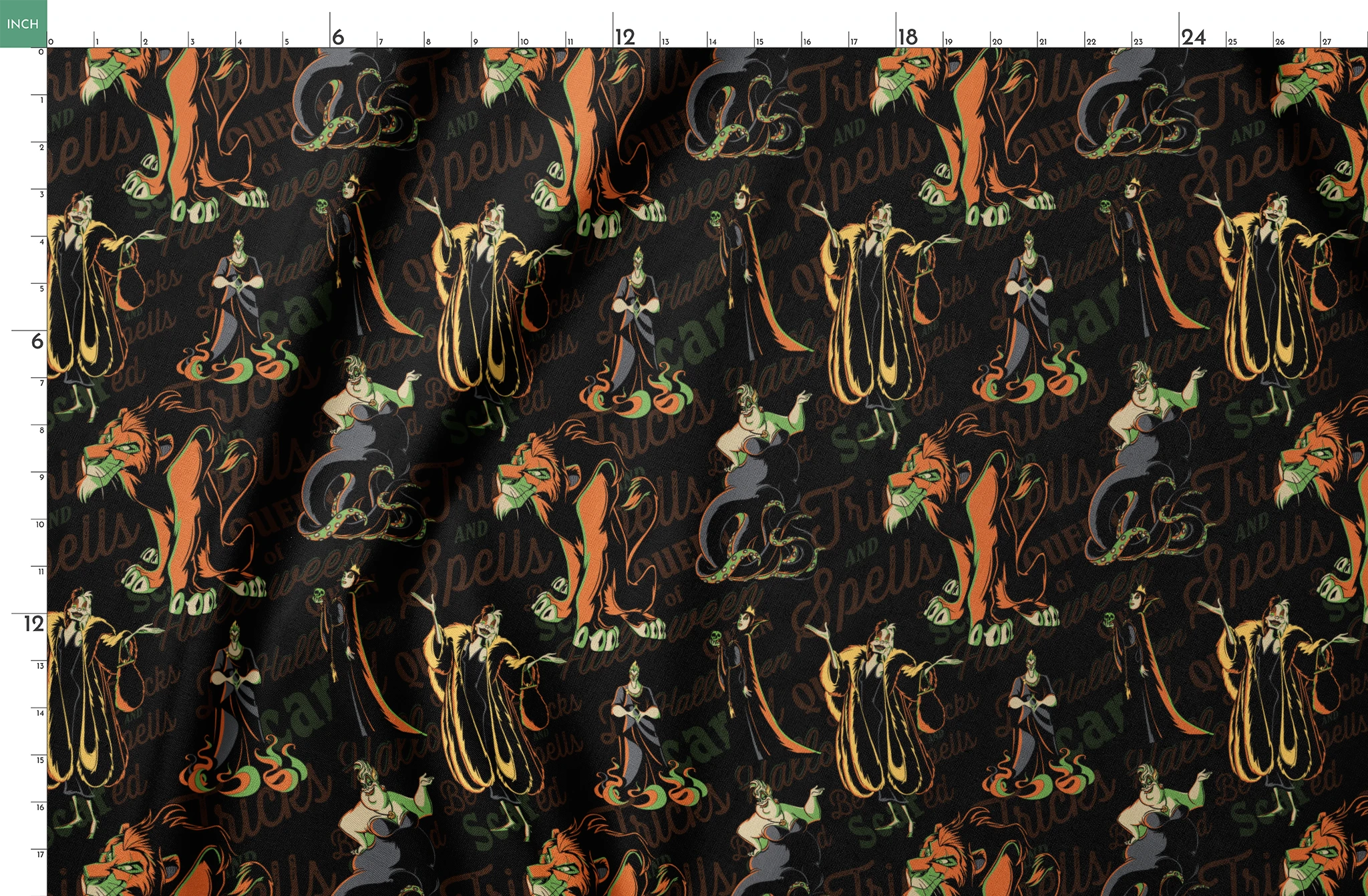 Dark background with Disney Villains in orange, green, and yellow silhouettes arranged in a repeating pattern springs fatquarter mockup