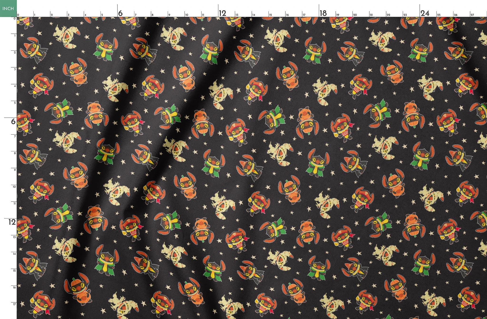 Pattern of Stitch in vibrant colors on black background with stars springs fatquarter mockup