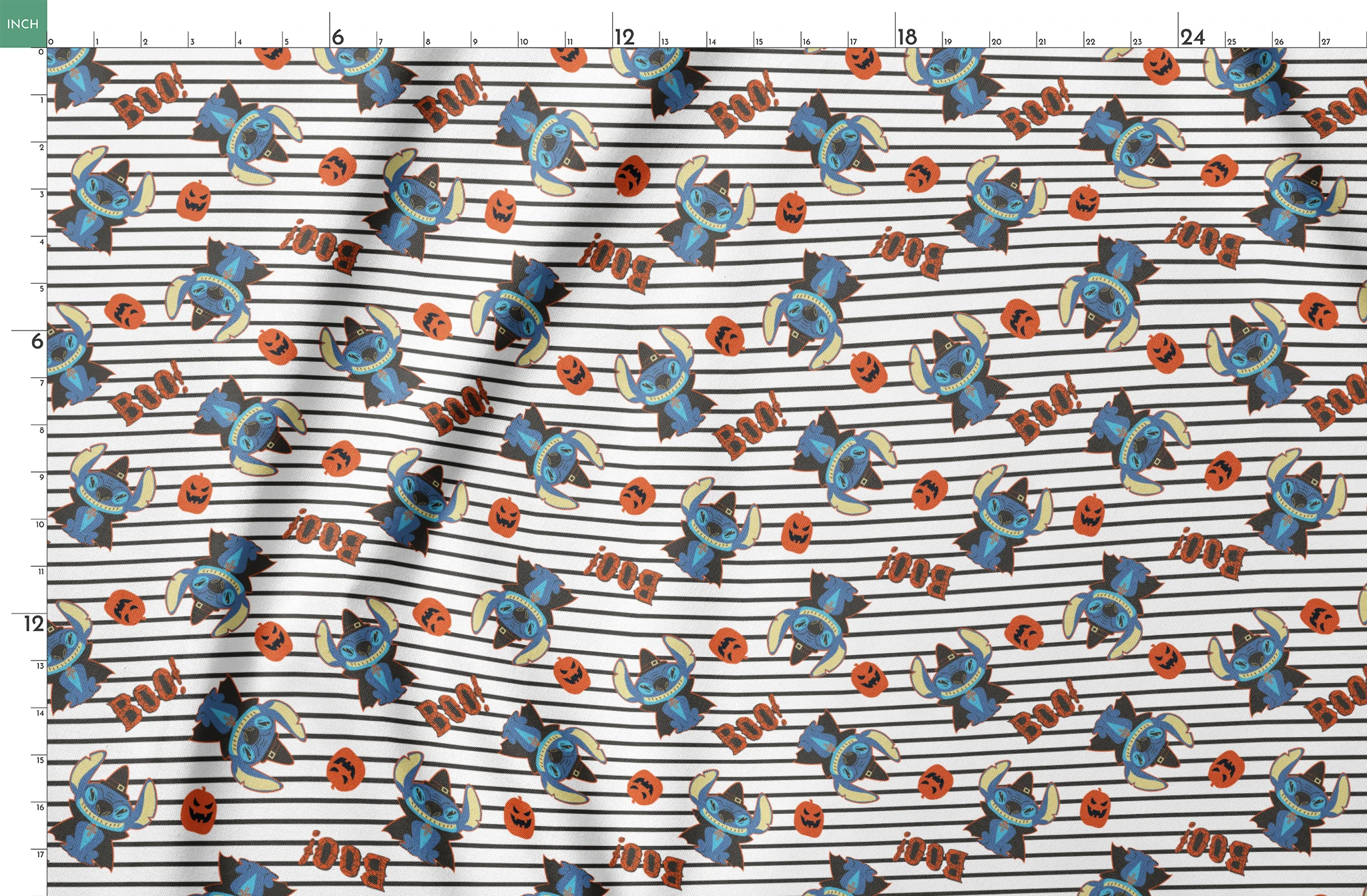 Disney's Stitch with witch hat alongside orange pumpkins on black and white striped background springs fatquarter mockup