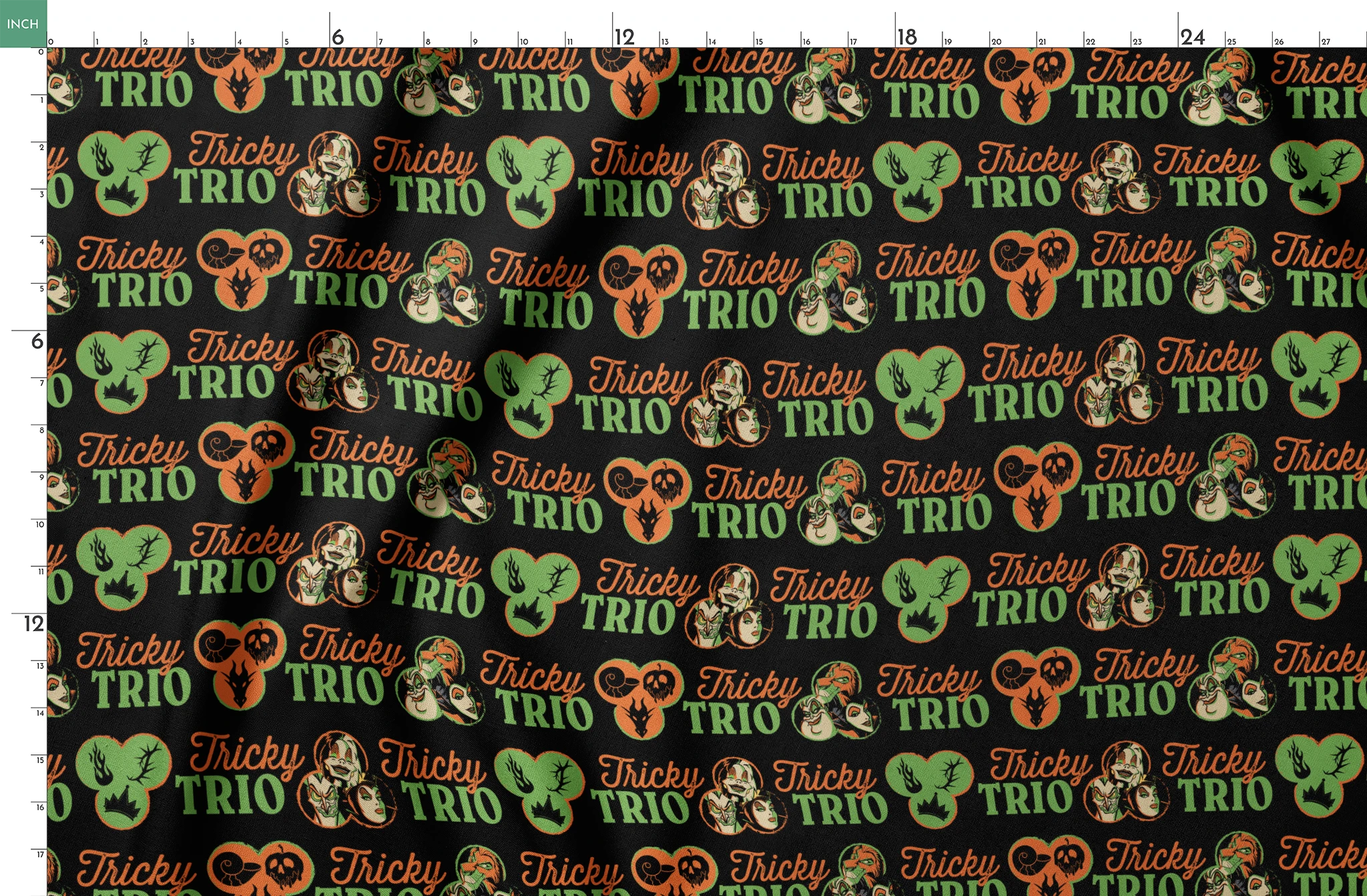 Disney Halloween pattern with "Tricky TRIO" text in orange and green, featuring Disney Villains, pumpkins, and ghostly designs on black background springs fatquarter mockup