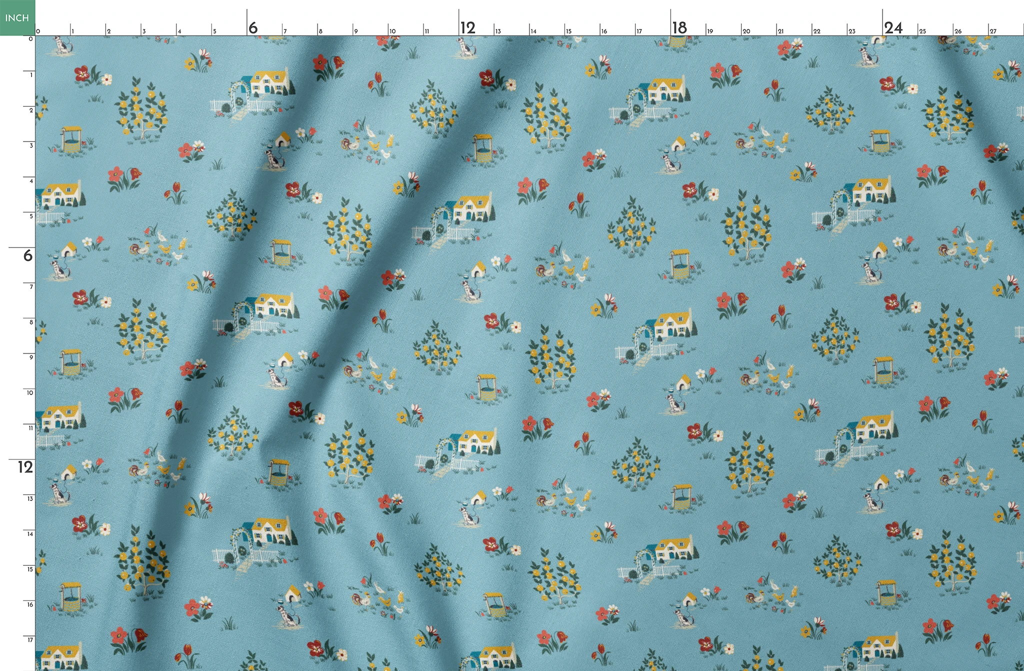 Blue-gray background with repeating folk art pattern of small cottages, white geese, floral clusters, and colorful tulips in yellow and red. springs fatquarter mockup